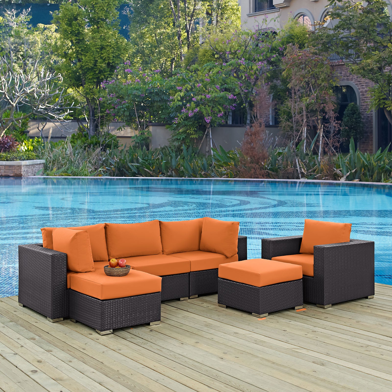 Modway Outdoor Conversation Sets - Convene 6 Piece Outdoor Patio Sectional Set Espresso Orange