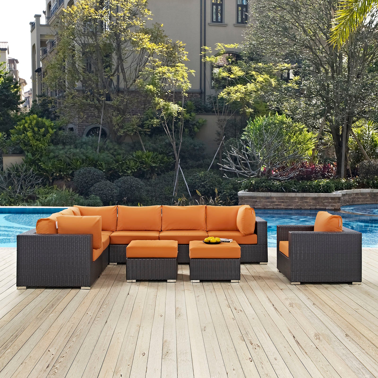 Modway Outdoor Conversation Sets - Convene 9 Piece Outdoor Patio Sectional Set Espresso Orange