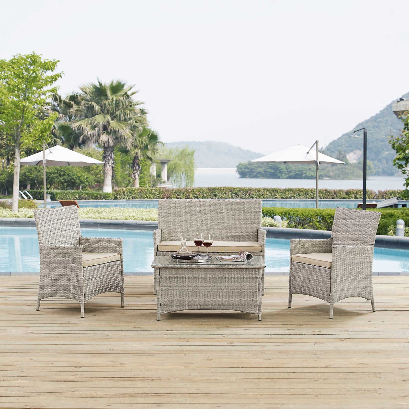 Modway Outdoor Conversation Sets - Bridge 4 Piece Outdoor Patio Conversation Set Light Gray Beige