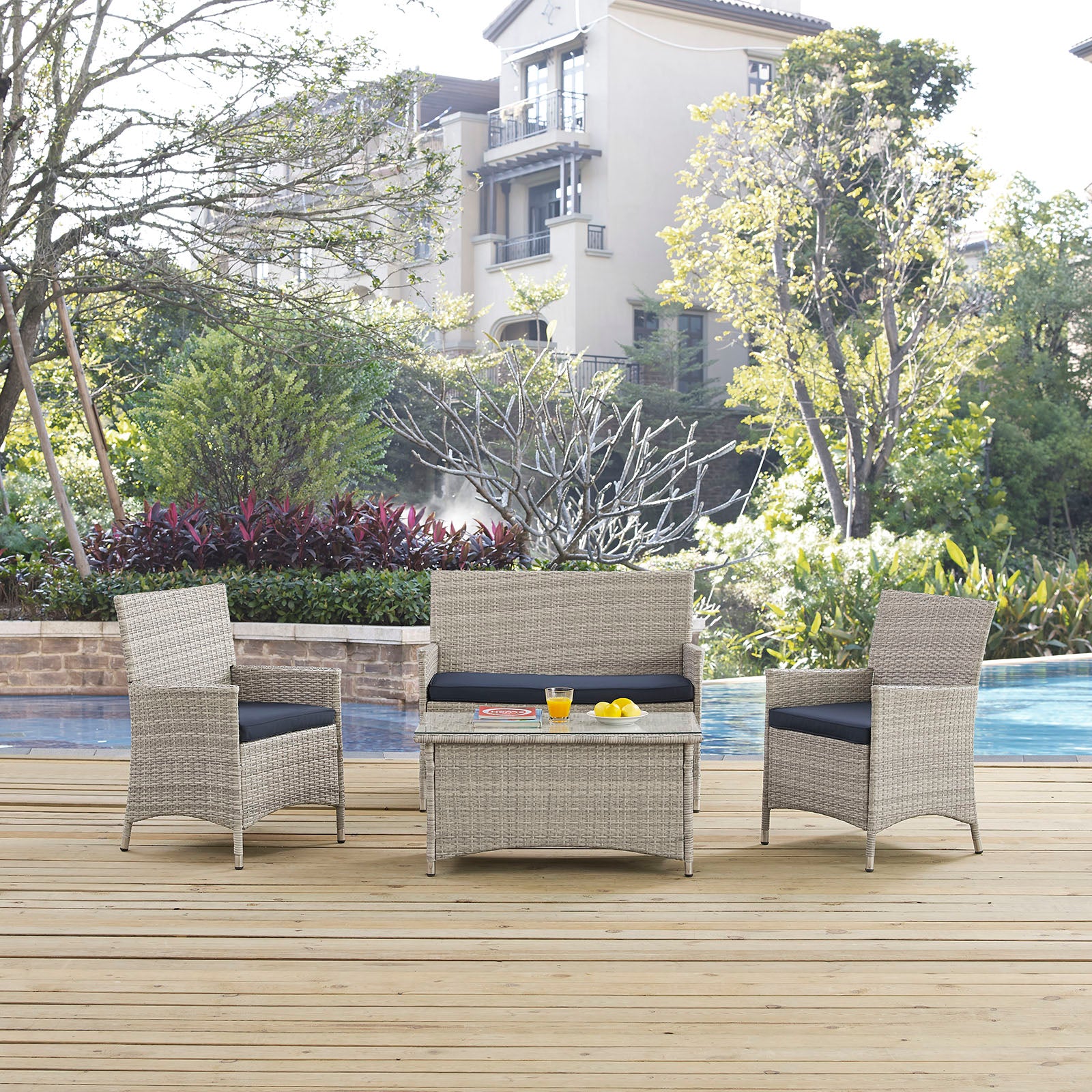 Modway Outdoor Conversation Sets - Bridge 4 Piece Outdoor Patio Conversation Set Light Gray Navy