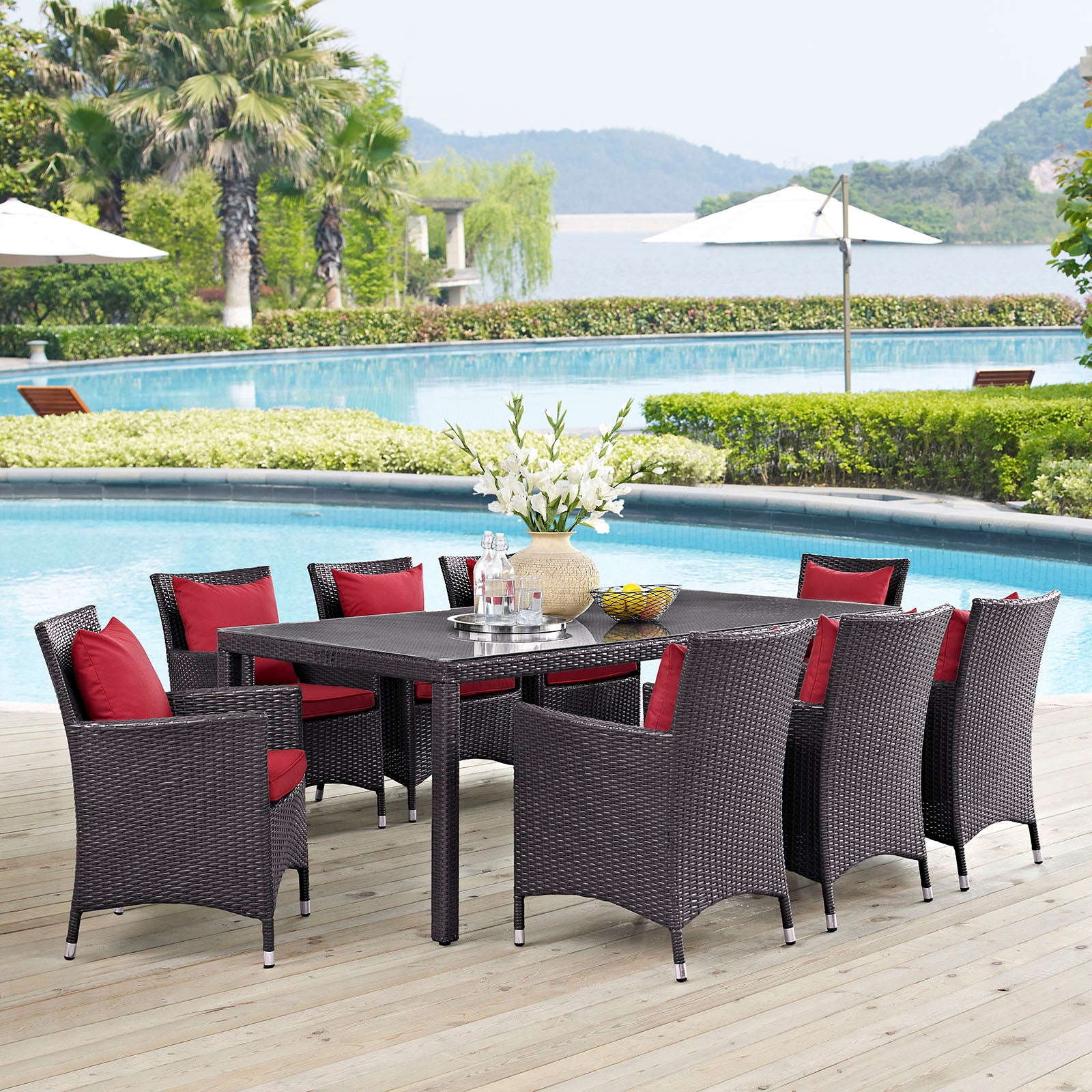 Modway Outdoor Dining Sets - Convene 9 Piece Outdoor Patio Dining Set Espresso Red