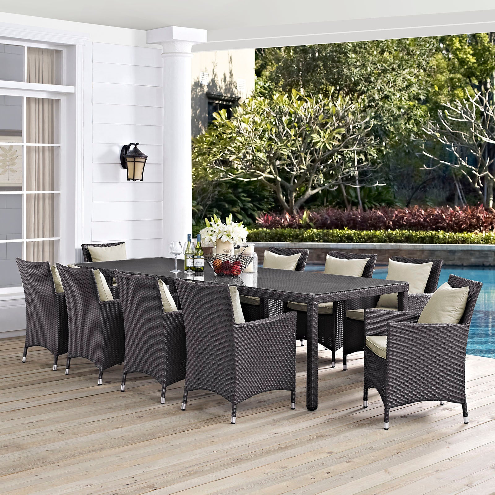 Modway Outdoor Dining Sets - Convene 11 Piece Outdoor Patio Dining Set Espresso Beige 165"