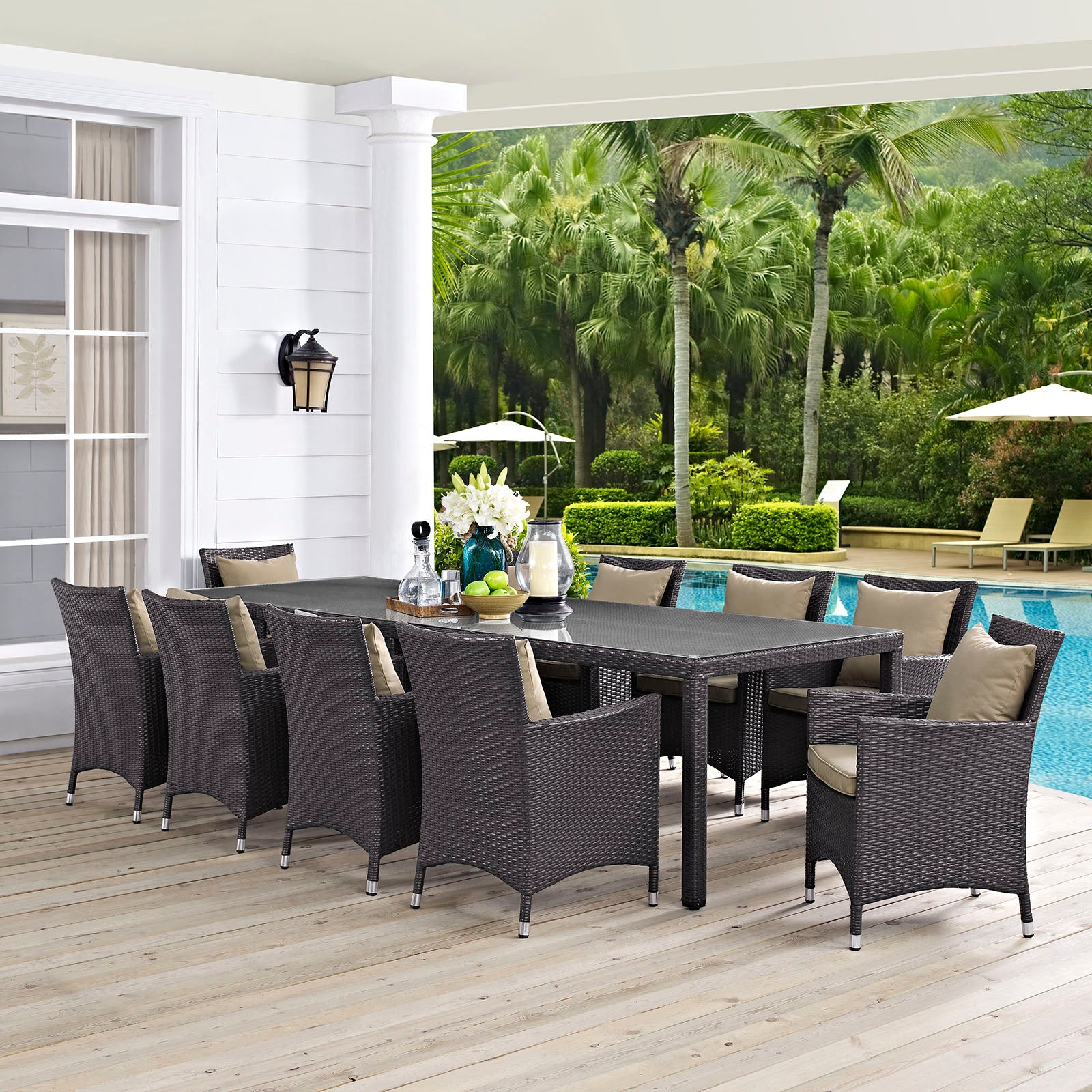 Modway Outdoor Dining Sets - Convene 11 Piece Outdoor Patio Dining Set Espresso Mocha 165"