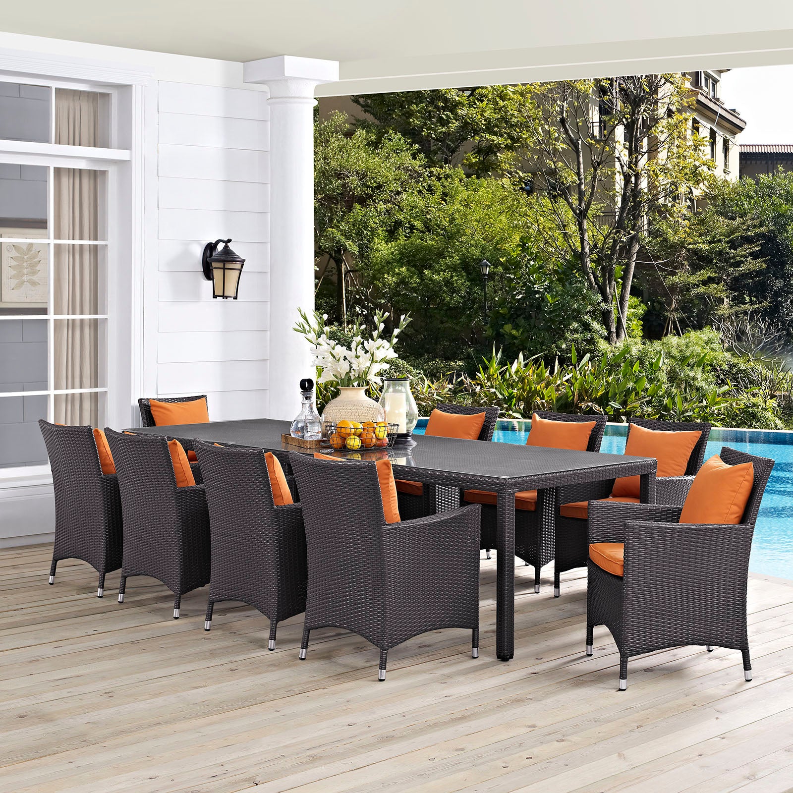 Modway Outdoor Dining Sets - Convene 11 Piece Outdoor Patio Dining Set Espresso Orange 165"