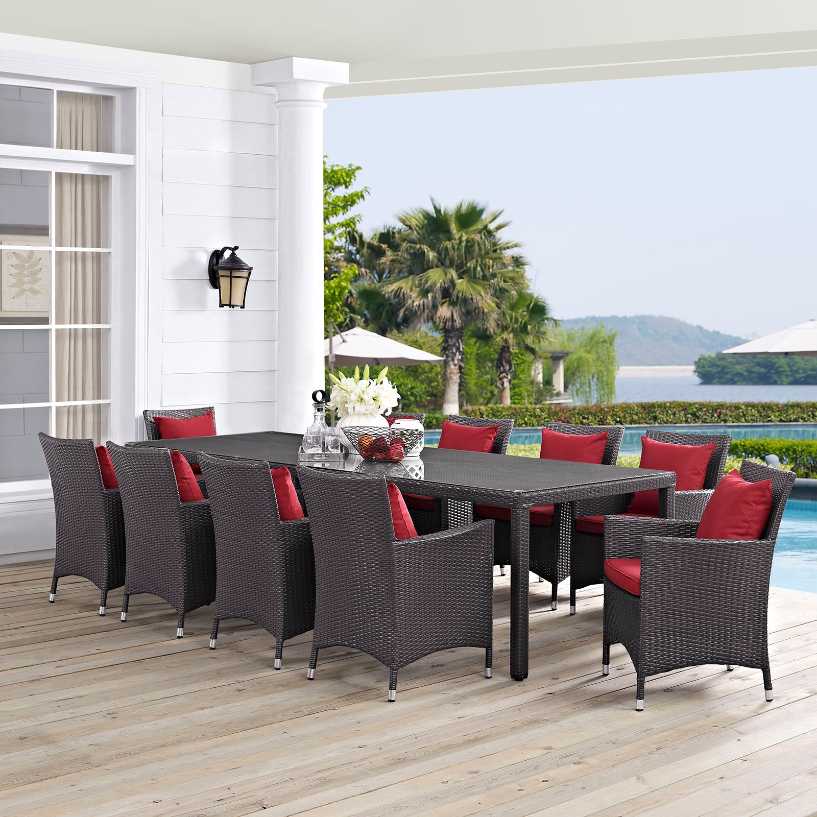 Modway Outdoor Dining Sets - Convene 11 Piece Outdoor Patio Dining Set Espresso Red 165"