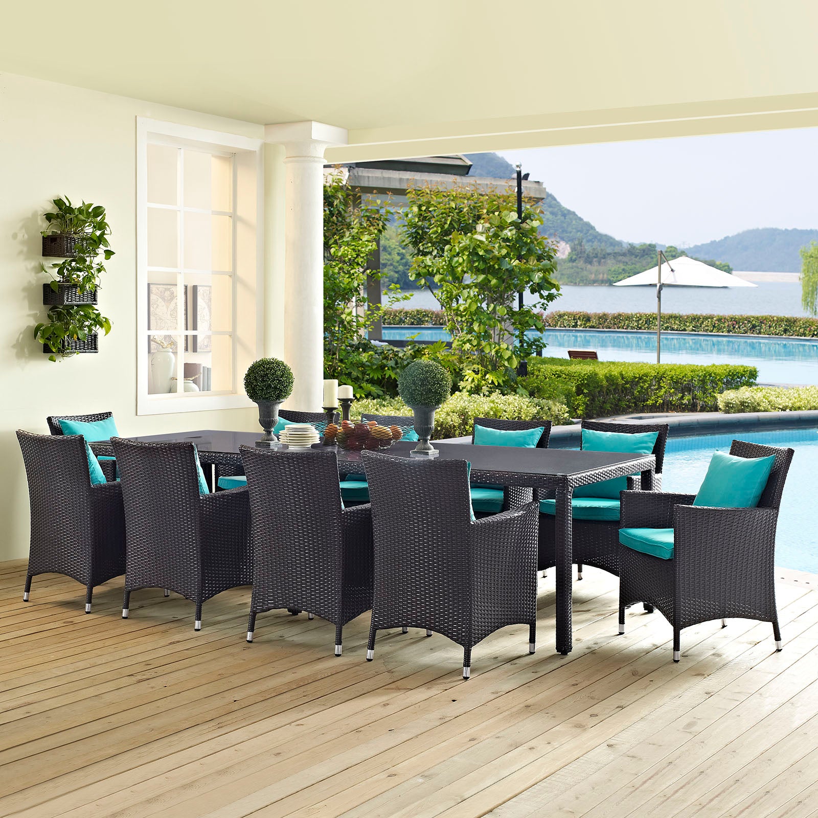 Modway Outdoor Dining Sets - Convene 11 Piece Outdoor Patio Dining Set Espresso Turquoise 165"