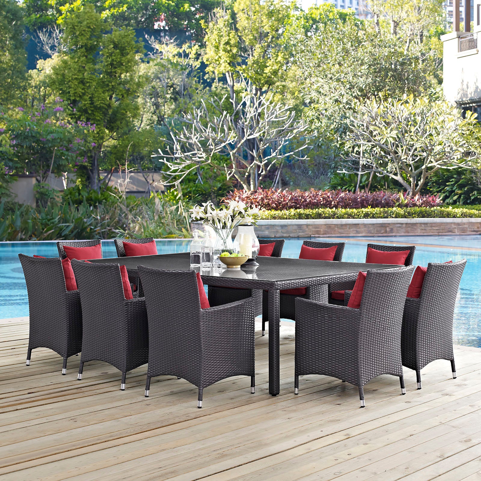 Modway Outdoor Dining Sets - Convene 11 Piece Outdoor Patio Dining Set Espresso Red