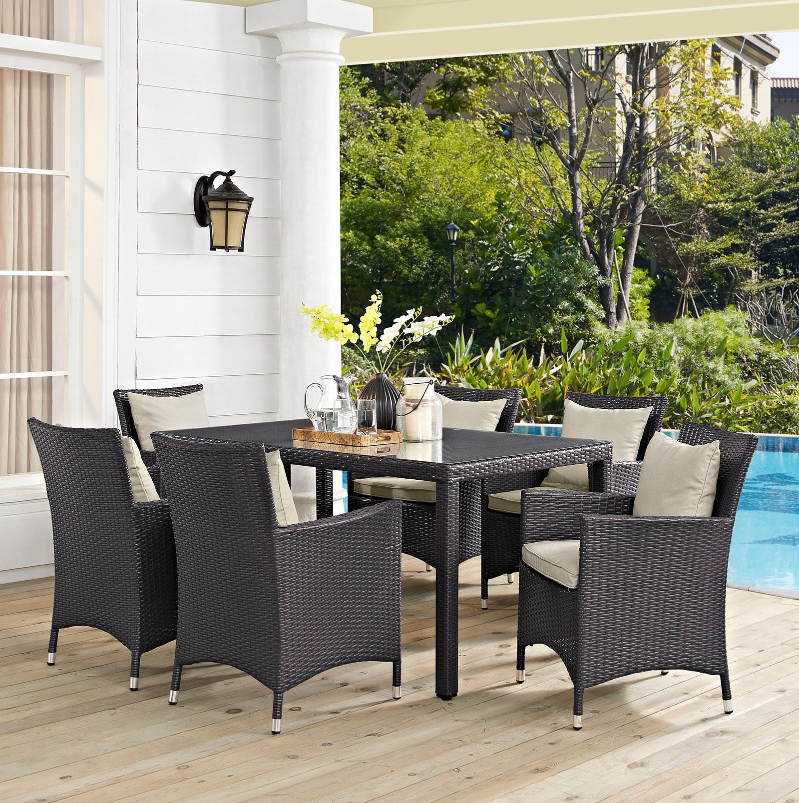 Modway Outdoor Dining Sets - Convene 7 Piece Outdoor Patio Dining Set Espresso Beige 110"