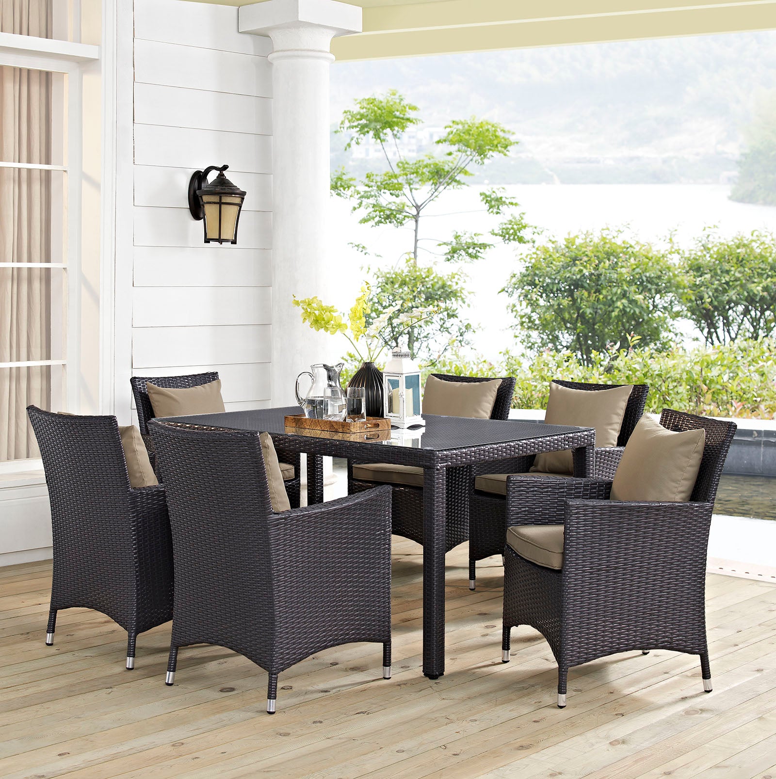 Modway Outdoor Dining Sets - Convene 7 Piece Outdoor Patio Dining Set Espresso Mocha 110"