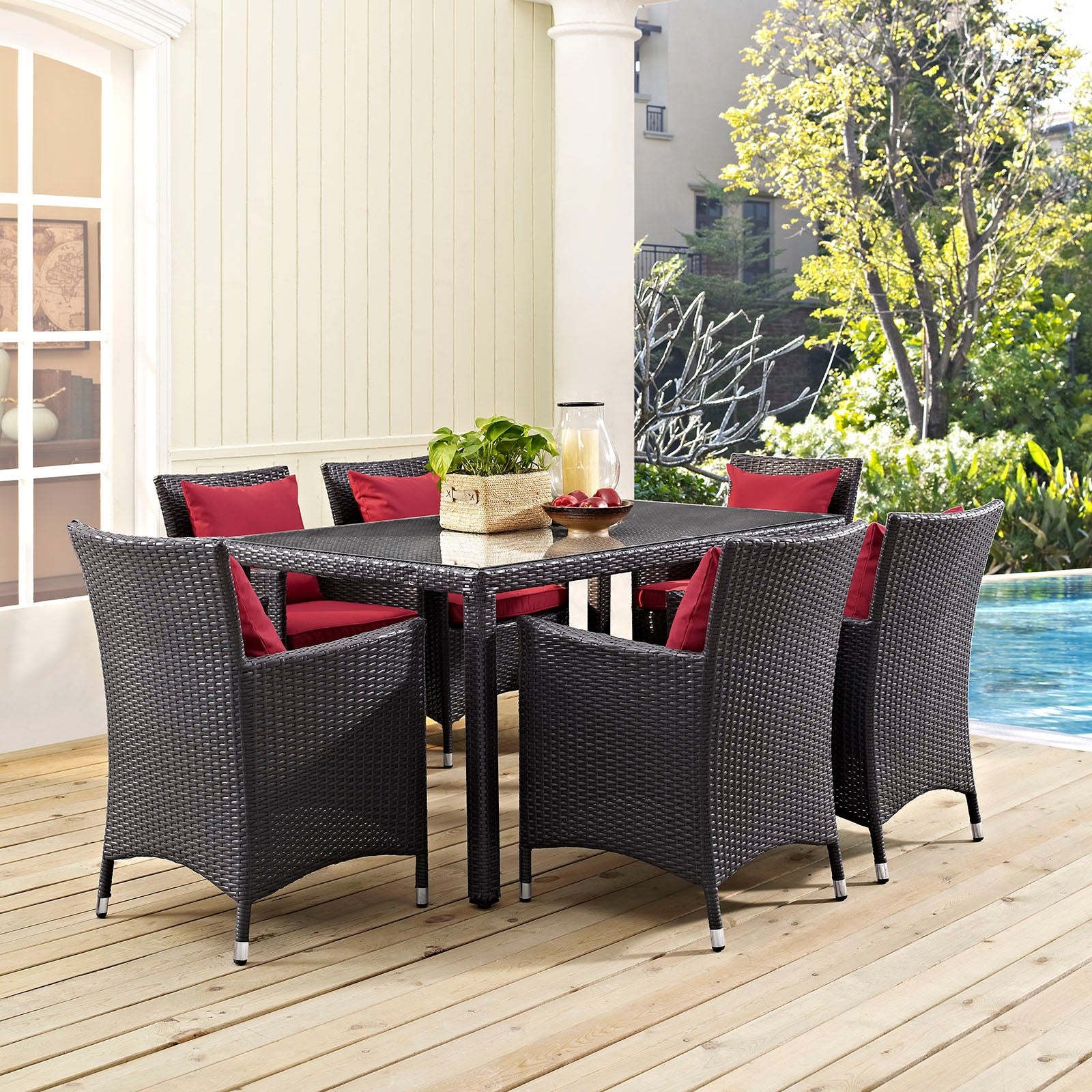 Modway Outdoor Dining Sets - Convene 7 Piece Outdoor Patio Dining Set Espresso Red 110"
