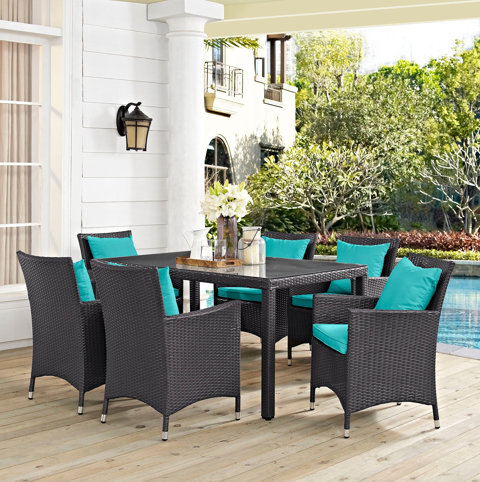 Modway Outdoor Dining Sets - Convene 7 Piece Outdoor Patio Dining Set Espresso Turquoise 110"