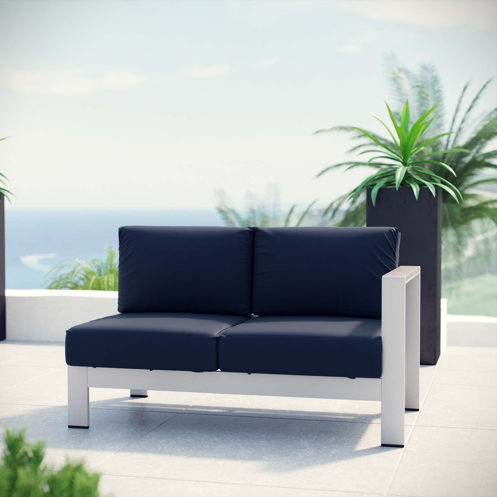 Modway Outdoor Sofas - Shore Right-Arm Corner Sectional Outdoor Patio Aluminum Loveseat Silver Navy