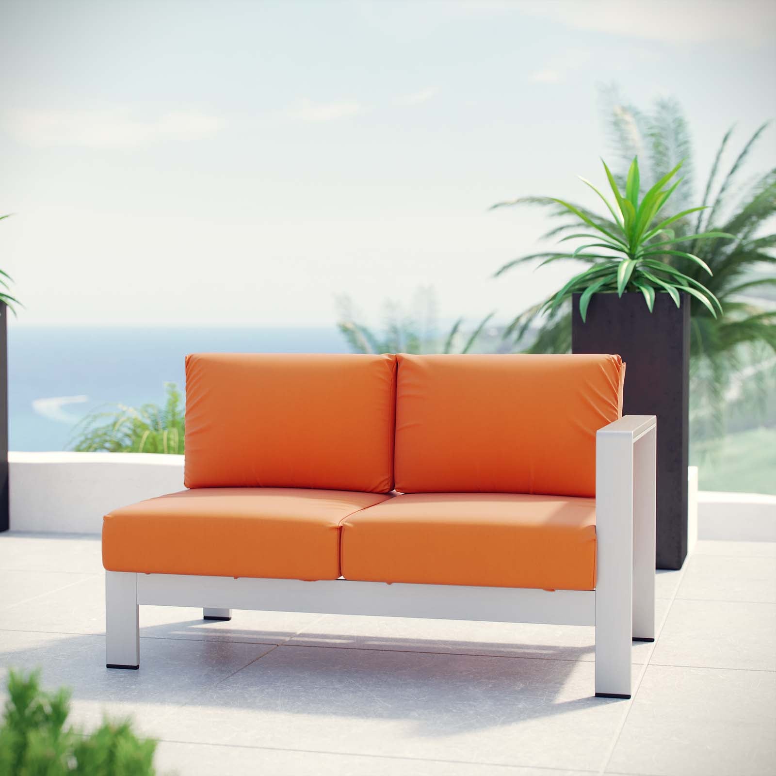Modway Outdoor Sofas - Shore Right Arm Corner Sectional Outdoor Patio Aluminum Loveseat Silver Orange