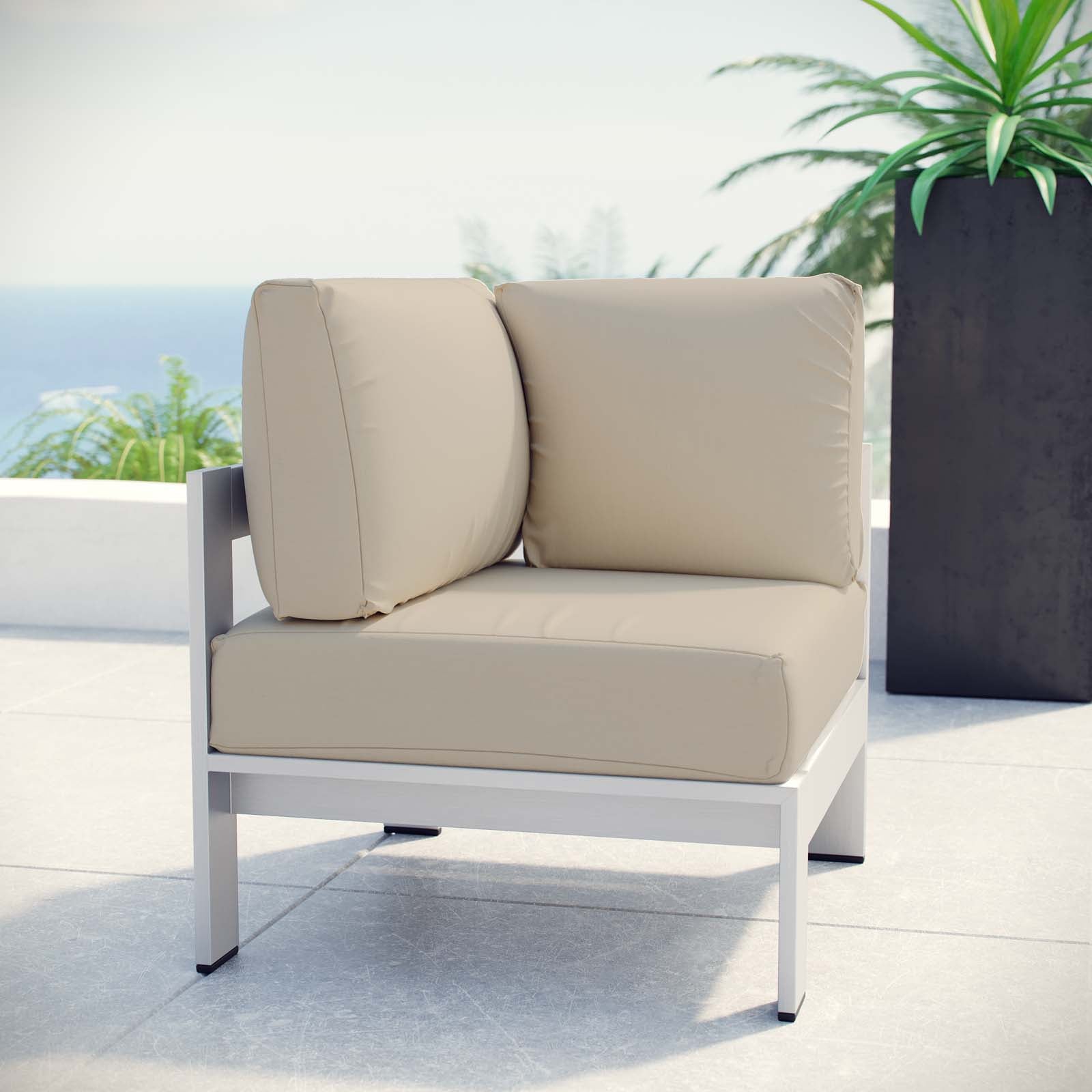 Modway Outdoor Chairs - Shore Outdoor Patio Aluminum Corner Sofa Silver & Beige