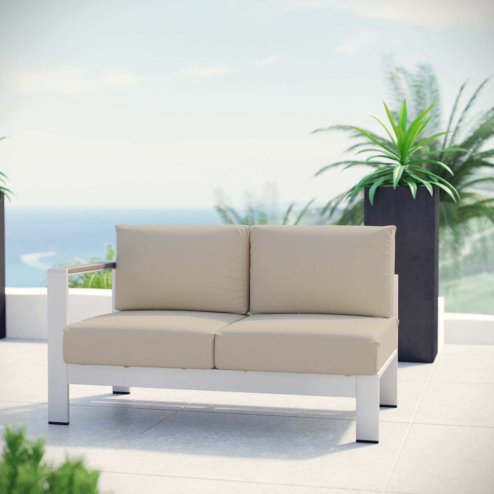 Modway Outdoor Sofas - Shore Left-Arm Corner Sectional Outdoor Patio Aluminum Loveseat Silver Beige