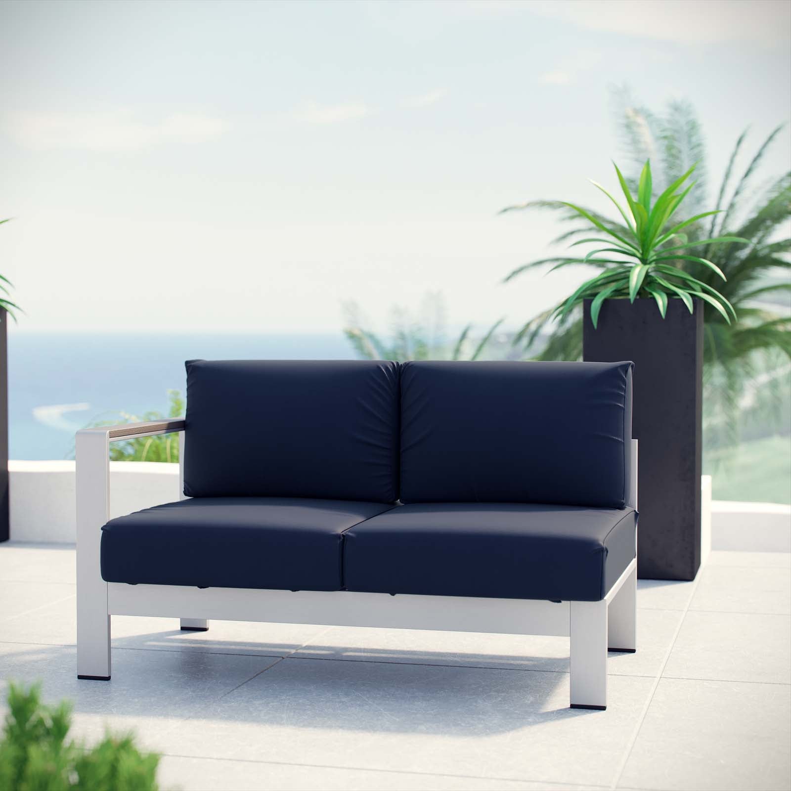Modway Outdoor Sofas - Shore Left-Arm Corner Sectional Outdoor Patio Aluminum Loveseat Silver Navy
