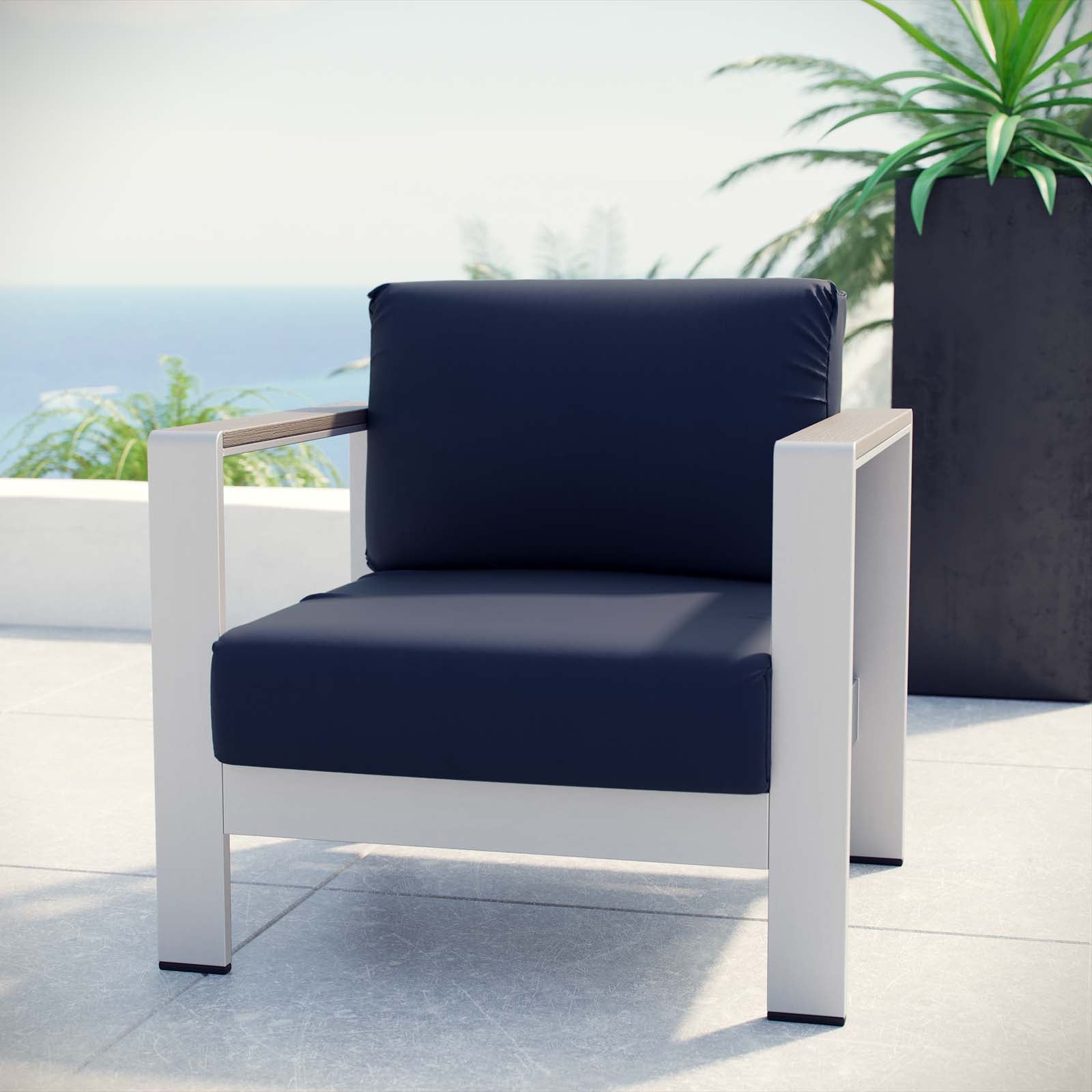 Modway Outdoor Chairs - Shore Outdoor Patio Aluminum Armchair Silver Navy