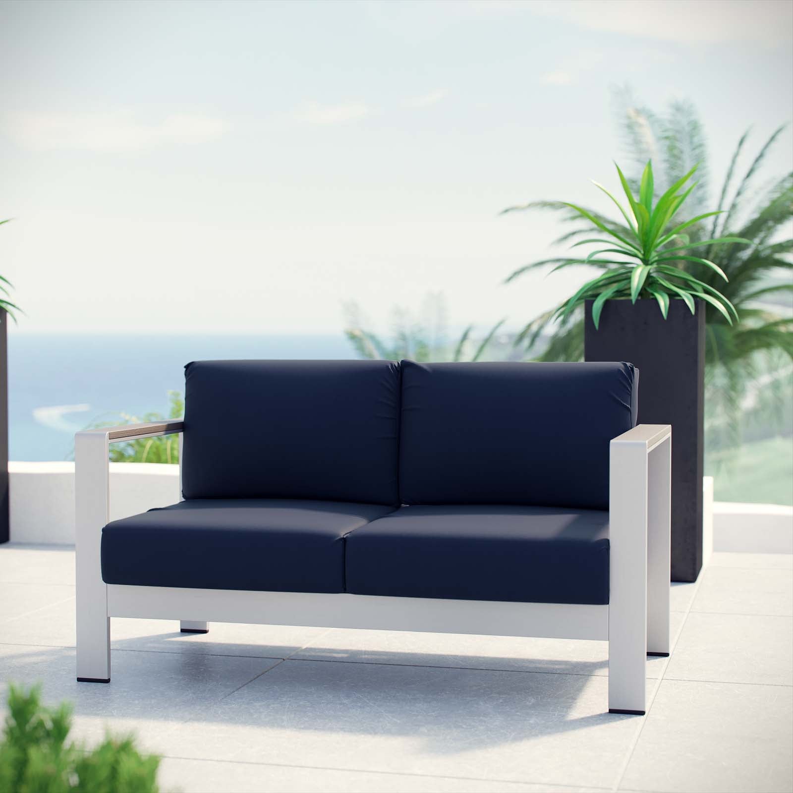 Shore Outdoor Patio Aluminum Loveseat Silver Navy