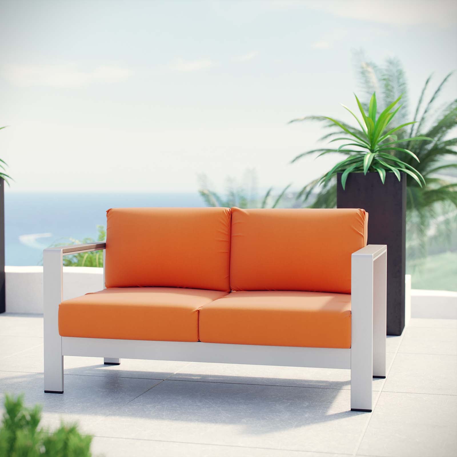 Modway Outdoor Sofas - Shore Outdoor Patio Aluminum Loveseat Silver Orange