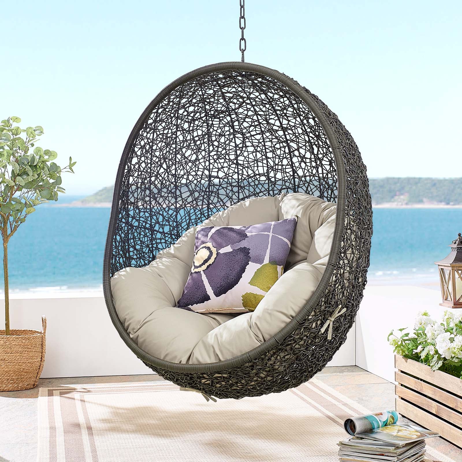 Modway Outdoor Swings - Hide Outdoor Patio Swing Chair With Stand Gray Beige