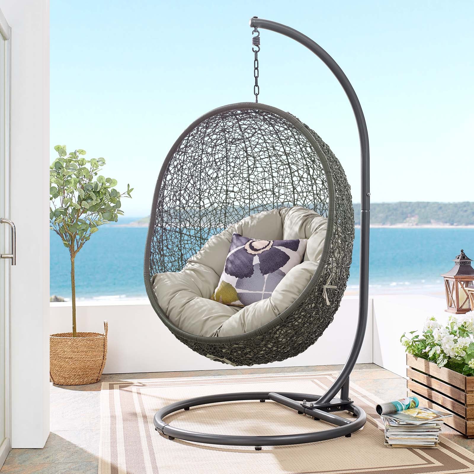 Modway Outdoor Swings - Hide Outdoor Patio Swing Chair With Stand Gray Beige