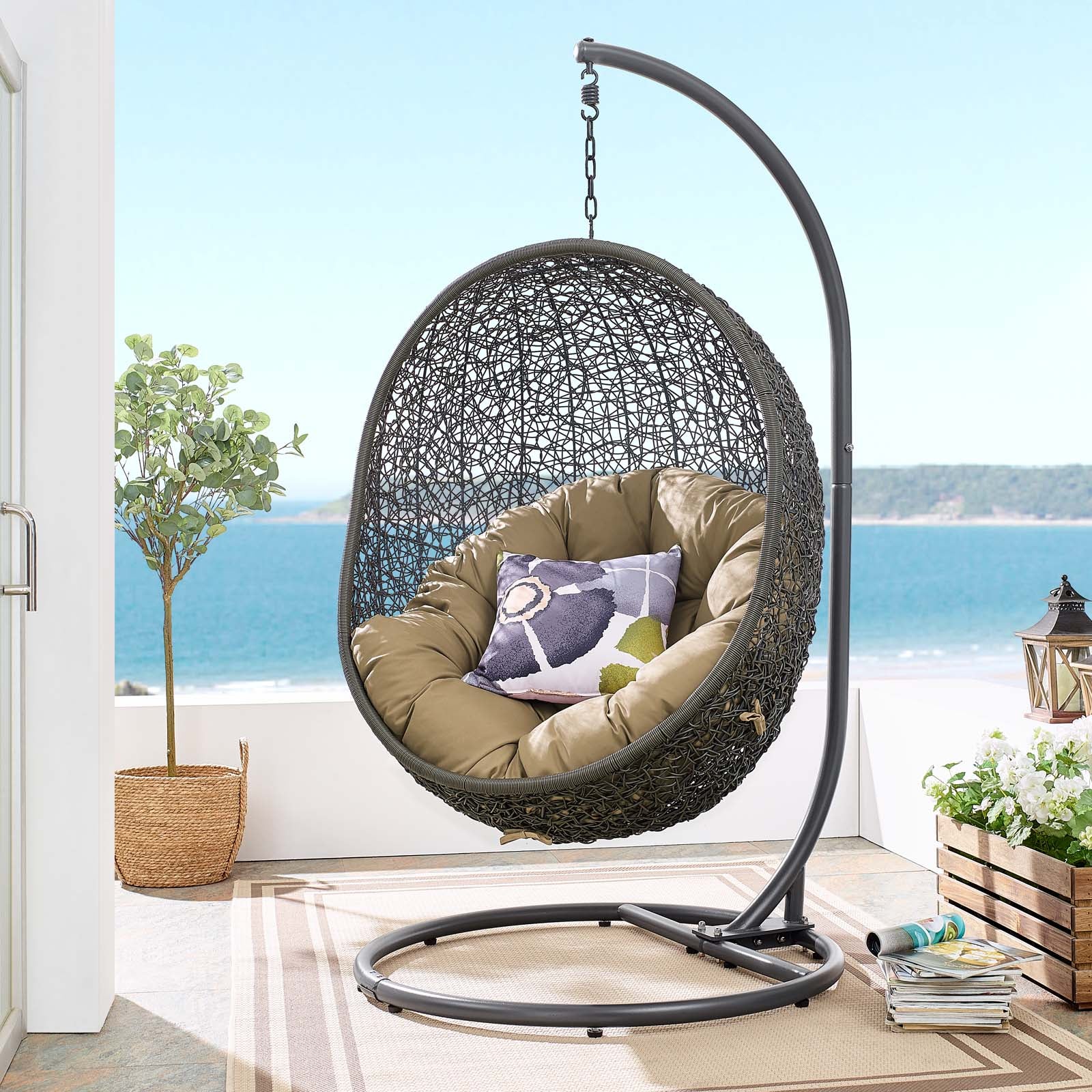 Modway Outdoor Swings - Hide Outdoor Patio Swing Chair With Stand Gray Mocha