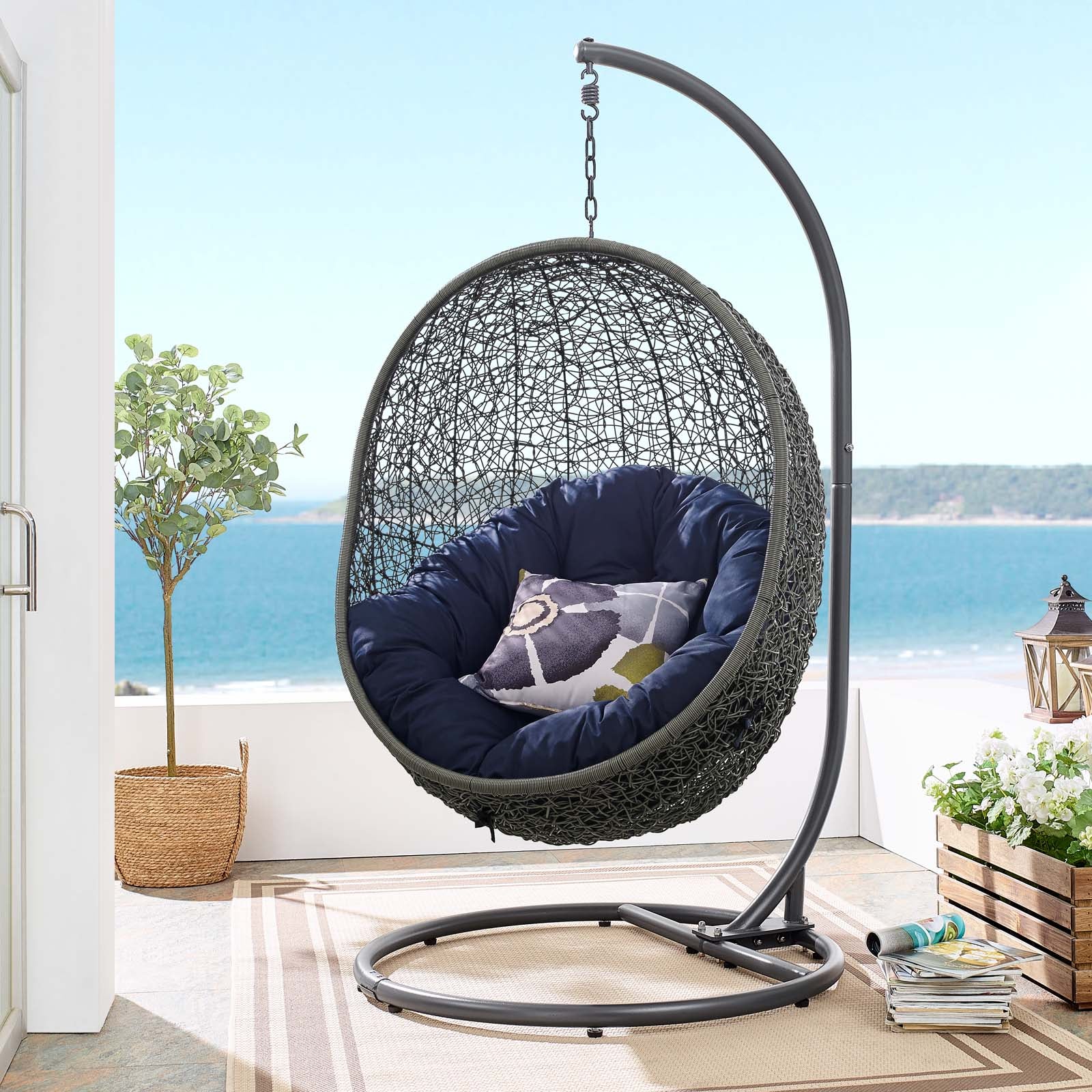 Modway Outdoor Swings - Hide Outdoor Patio Swing Chair With Stand Gray Navy