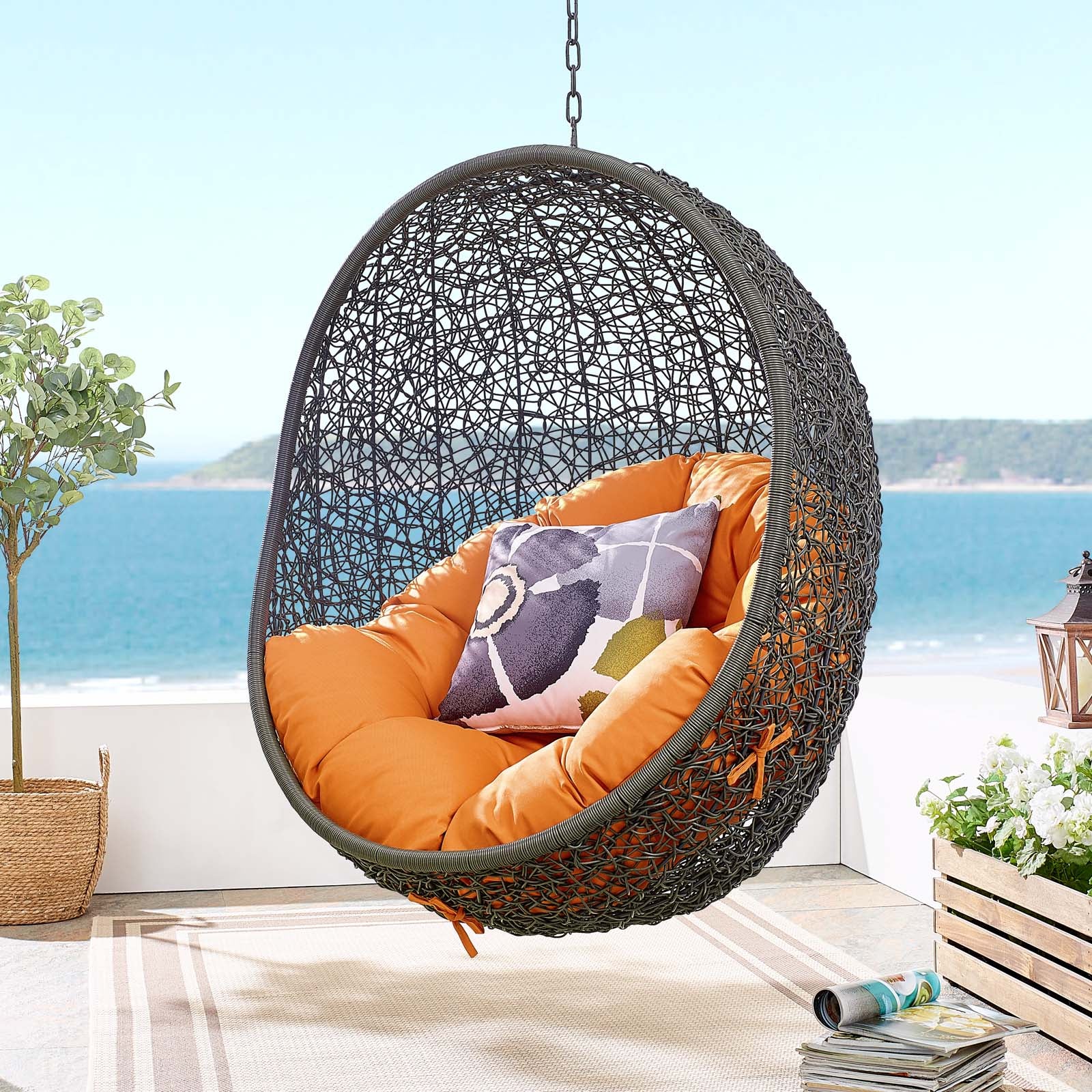 Modway Outdoor Swings - Hide Outdoor Swing Chair With Stand Gray & Orange