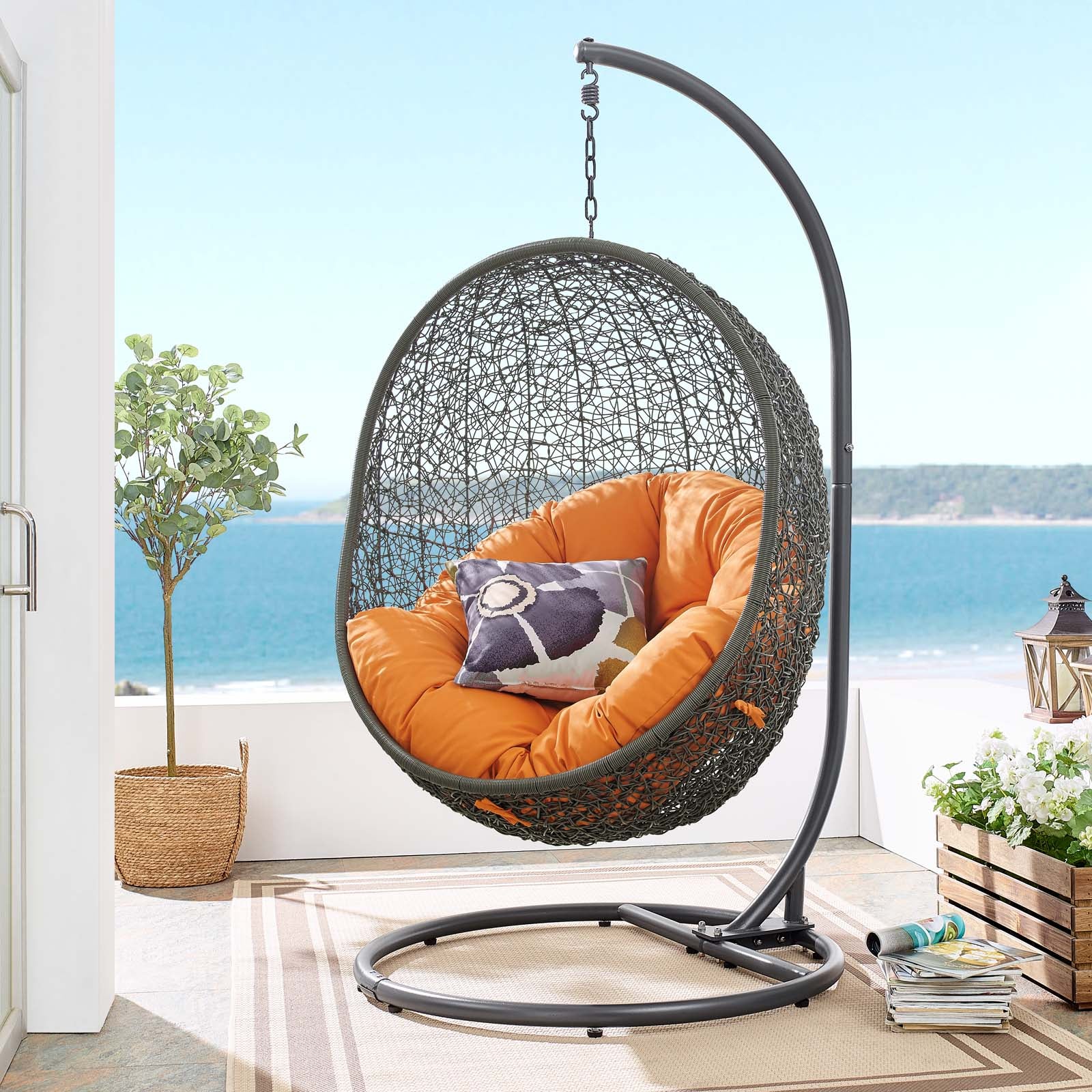 Modway Outdoor Swings - Hide Outdoor Swing Chair With Stand Gray & Orange