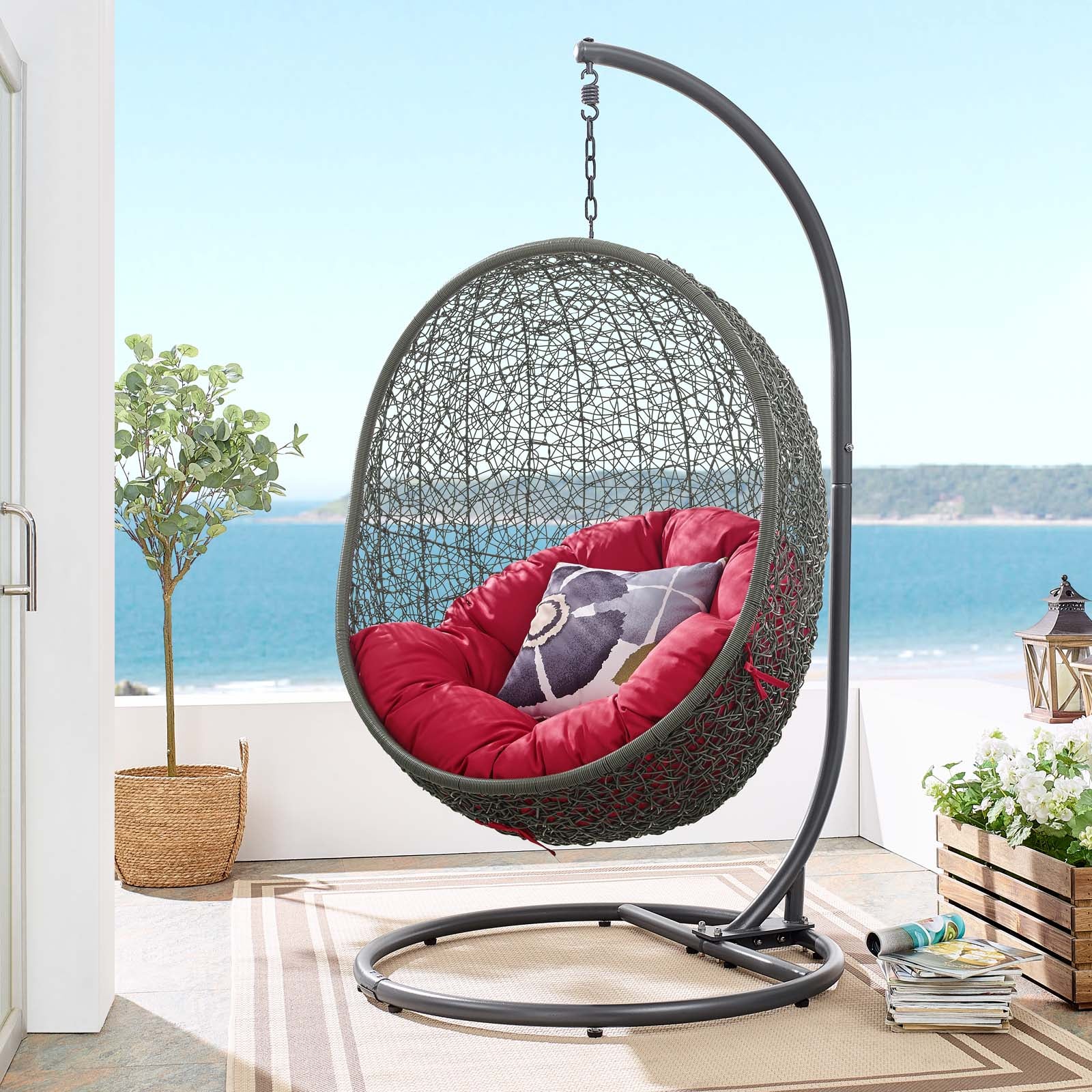 Modway Outdoor Swings - Hide Outdoor Patio Swing Chair With Stand Gray Red