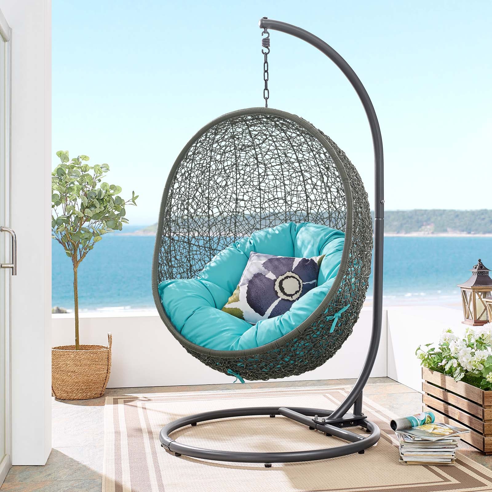 Modway Outdoor Swings - Hide Outdoor Patio Swing Chair With Stand Gray Turquoise