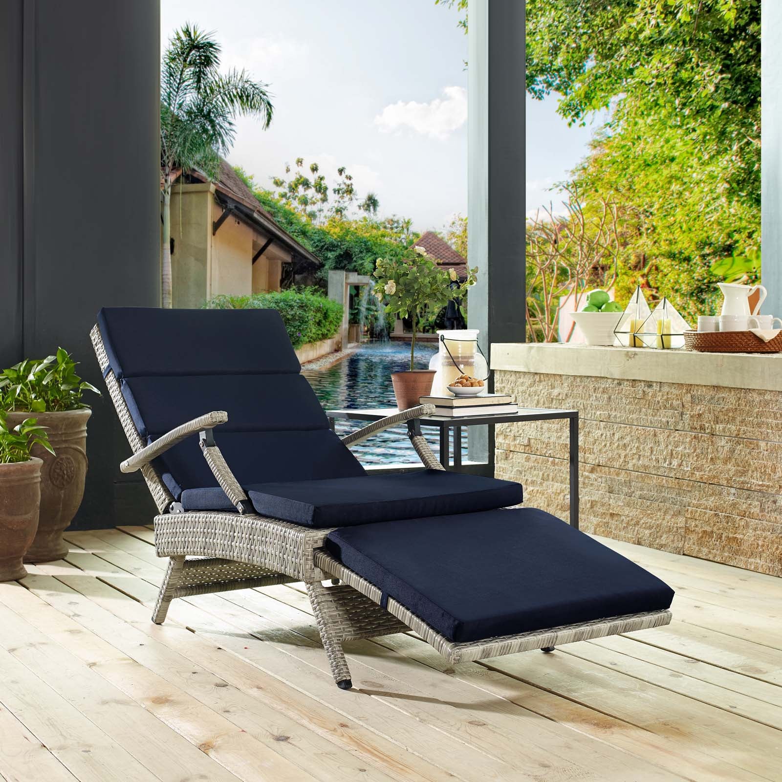 Modway Outdoor Loungers - Envisage Chaise Outdoor Patio Lounge Chair Light Gray & Navy