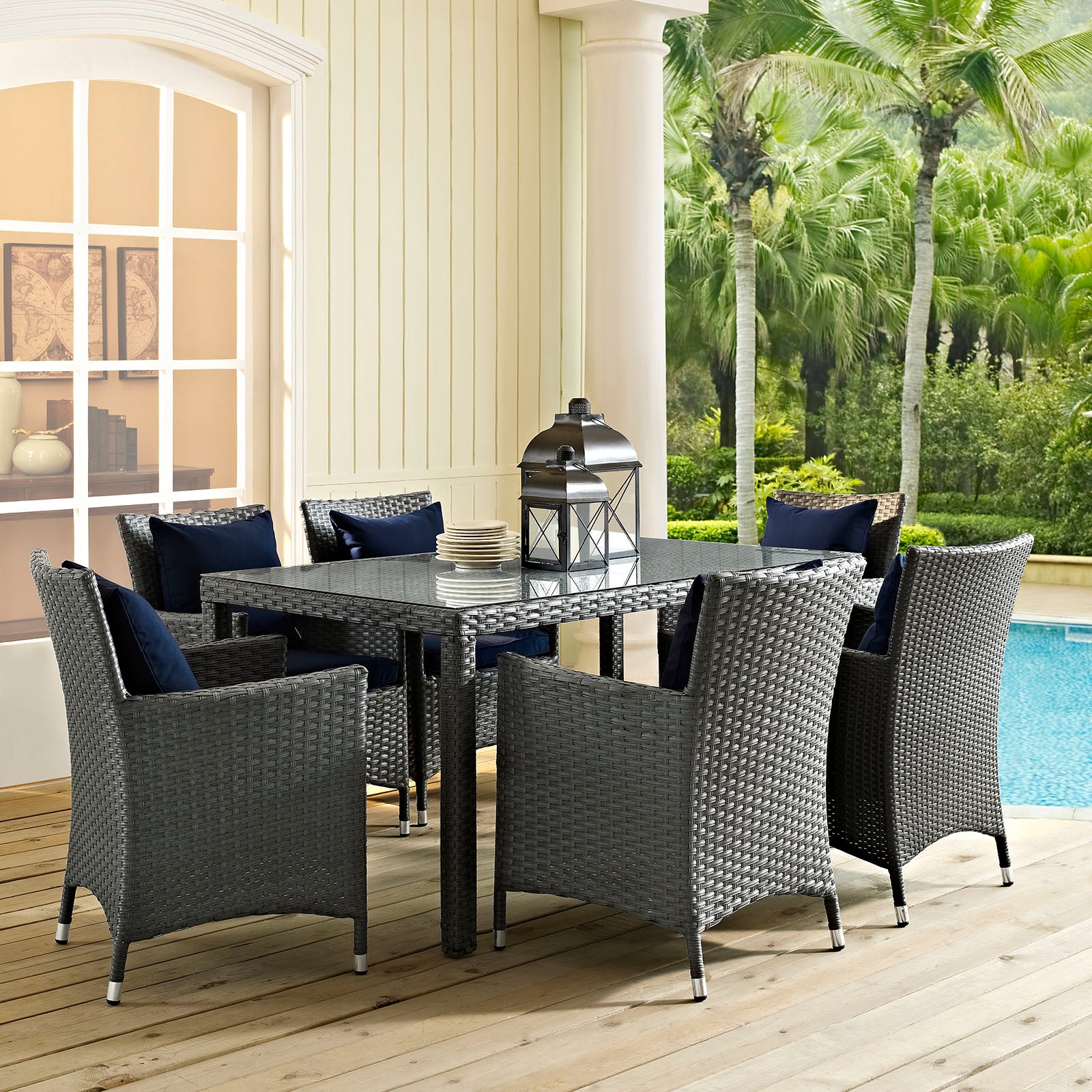 Modway Outdoor Dining Sets - Sojourn 7 Piece Outdoor Patio Sunbrella Dining Set Canvas Navy
