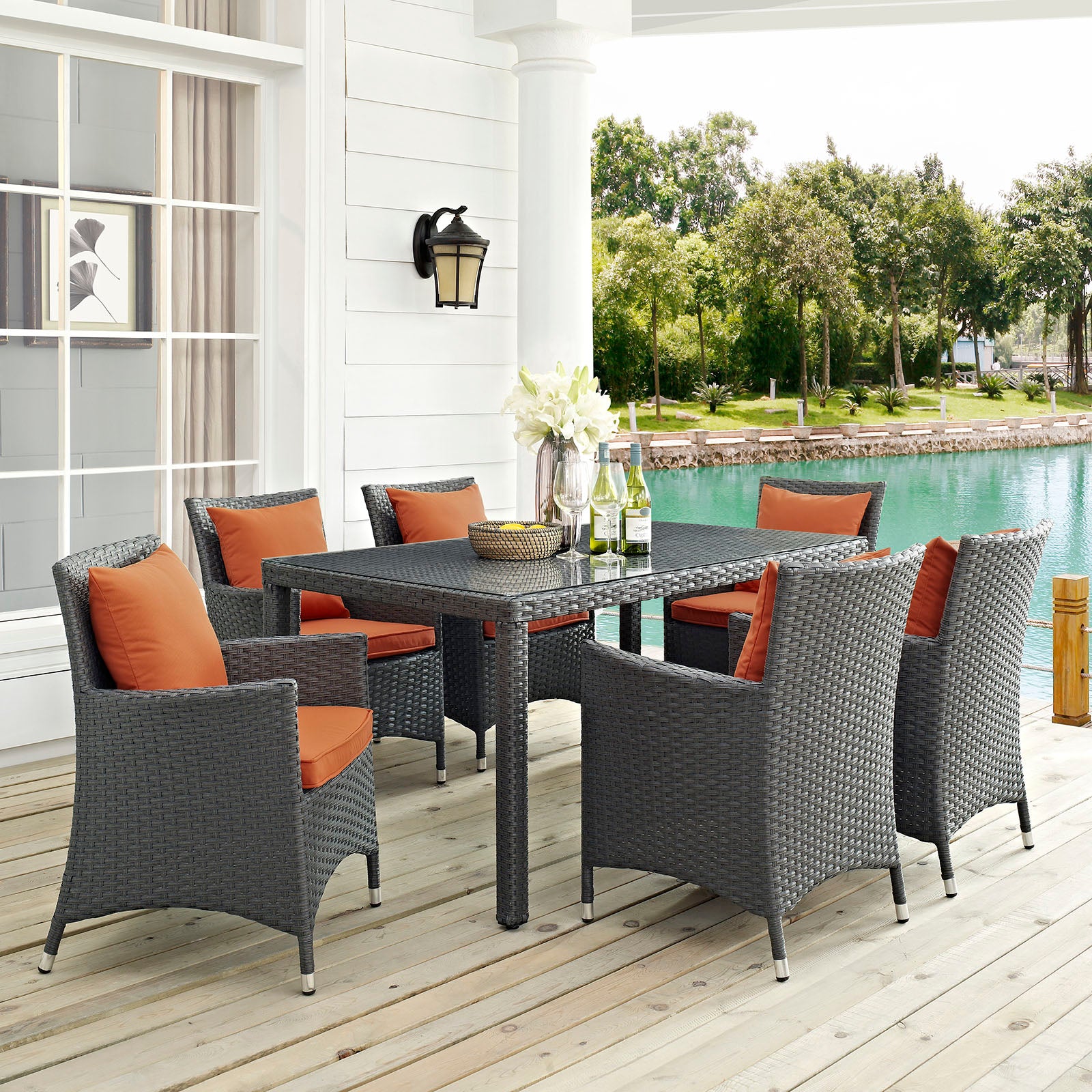 Modway Outdoor Dining Sets - Sojourn 7 Piece Outdoor Patio Sunbrella Dining Set Canvas Tuscan