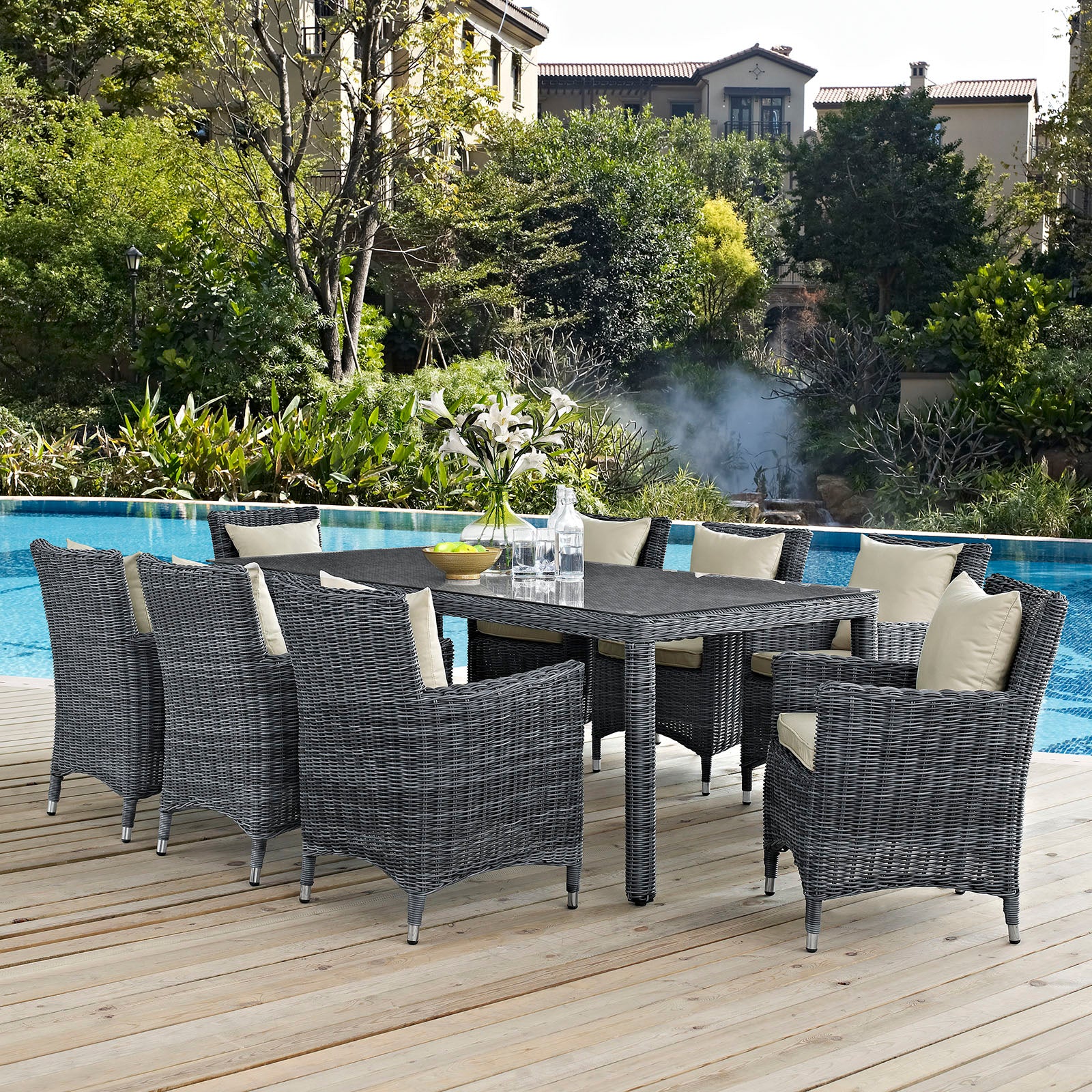 Summon Outdoor Dining Set For 8 Antique Canvas & Beige