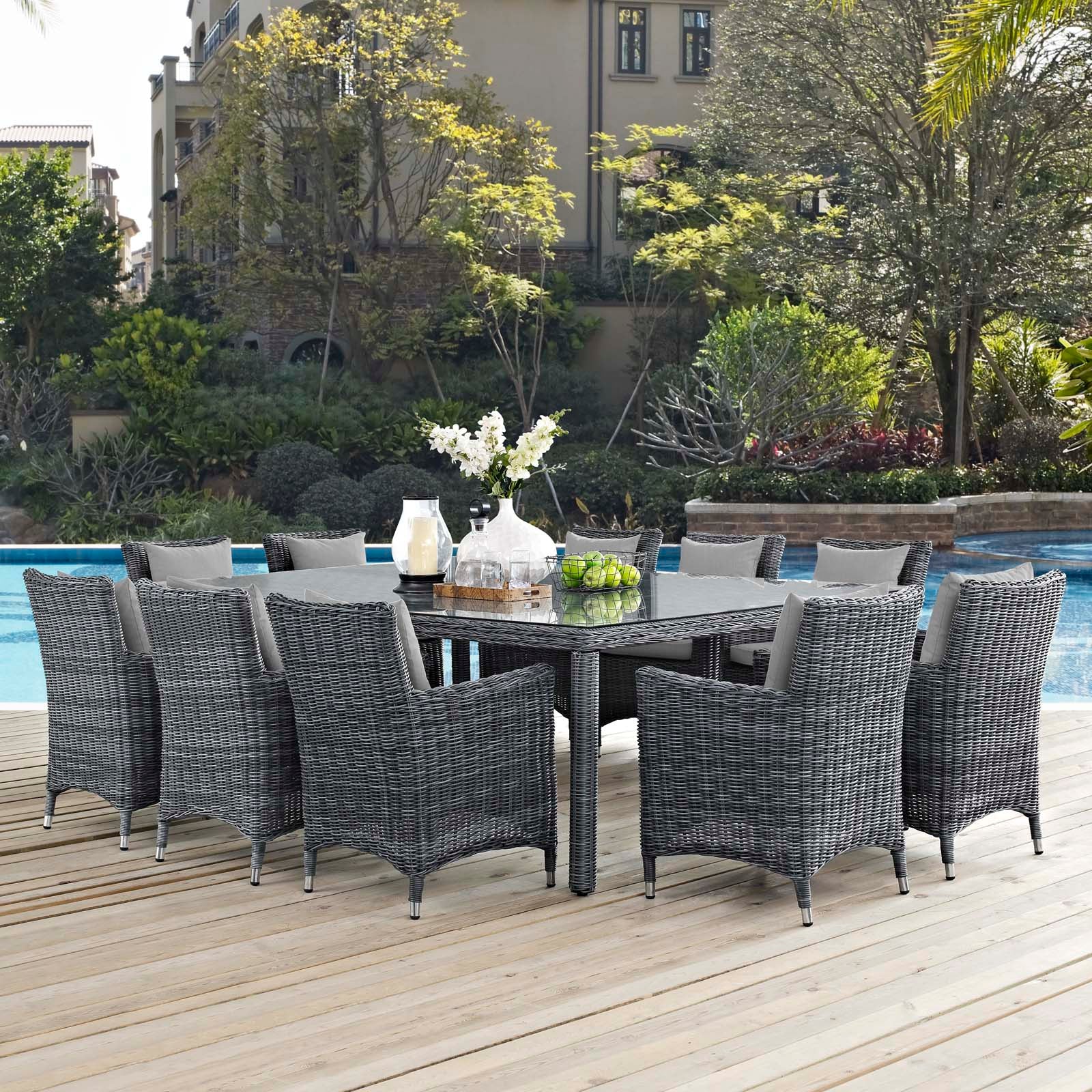 Modway Outdoor Dining Sets - Summon 11 Piece Outdoor Patio Sunbrella Dining Set Canvas Gray