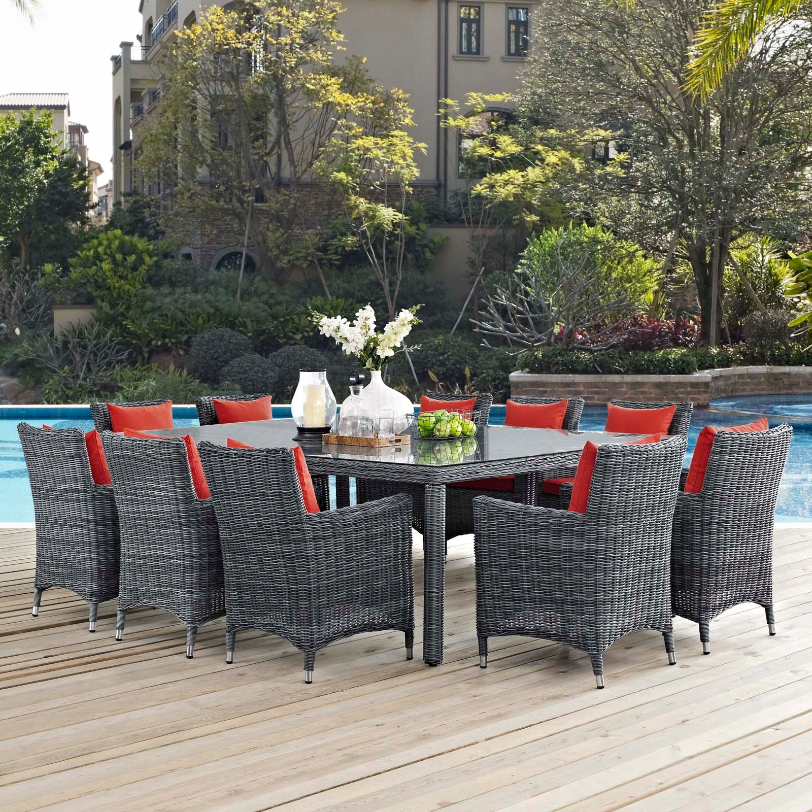 Modway Outdoor Dining Sets - Summon 11 Piece Outdoor Patio Sunbrella Dining Set Canvas Red