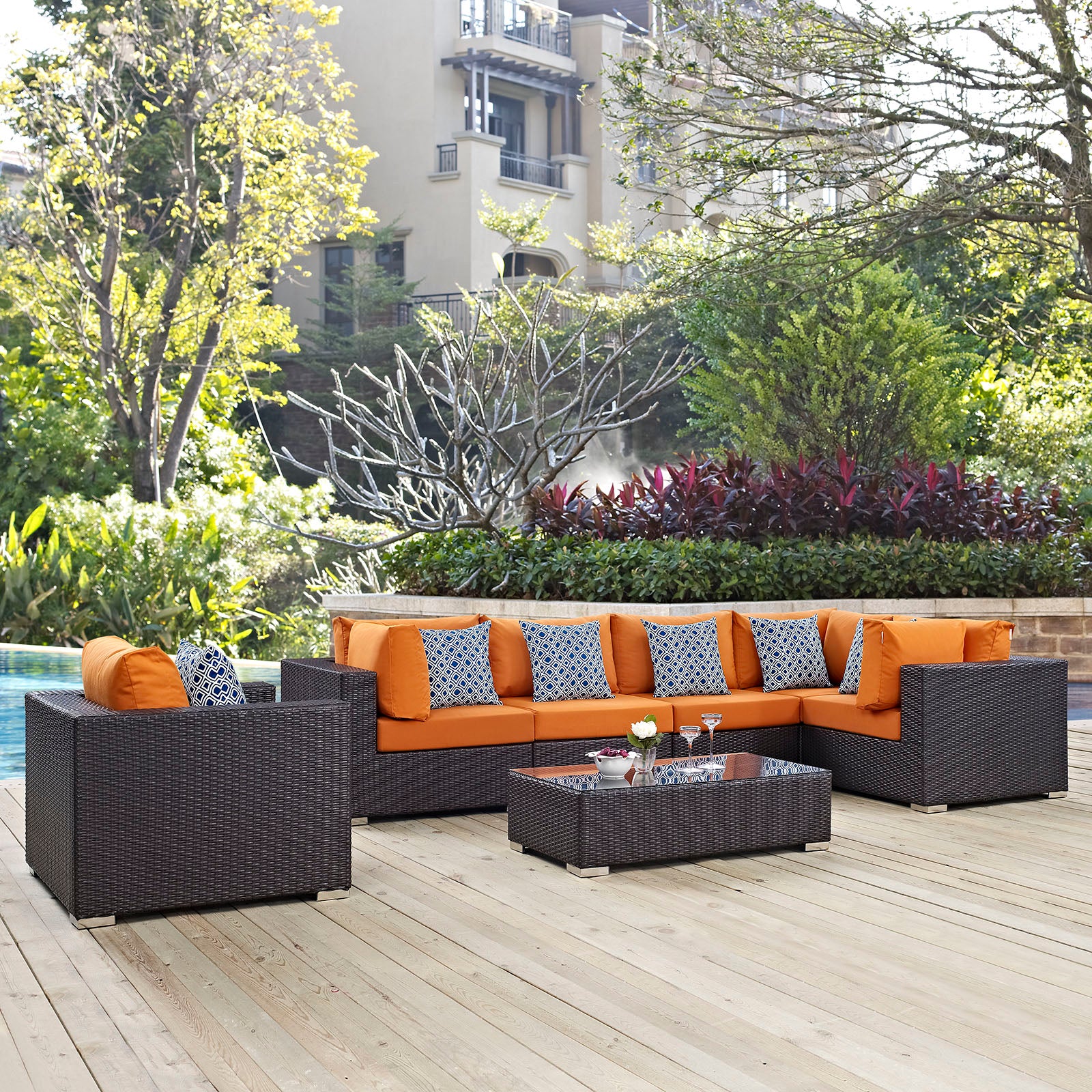 Modway Outdoor Conversation Sets - Convene 7 Piece Outdoor Sectional Set Espresso Orange