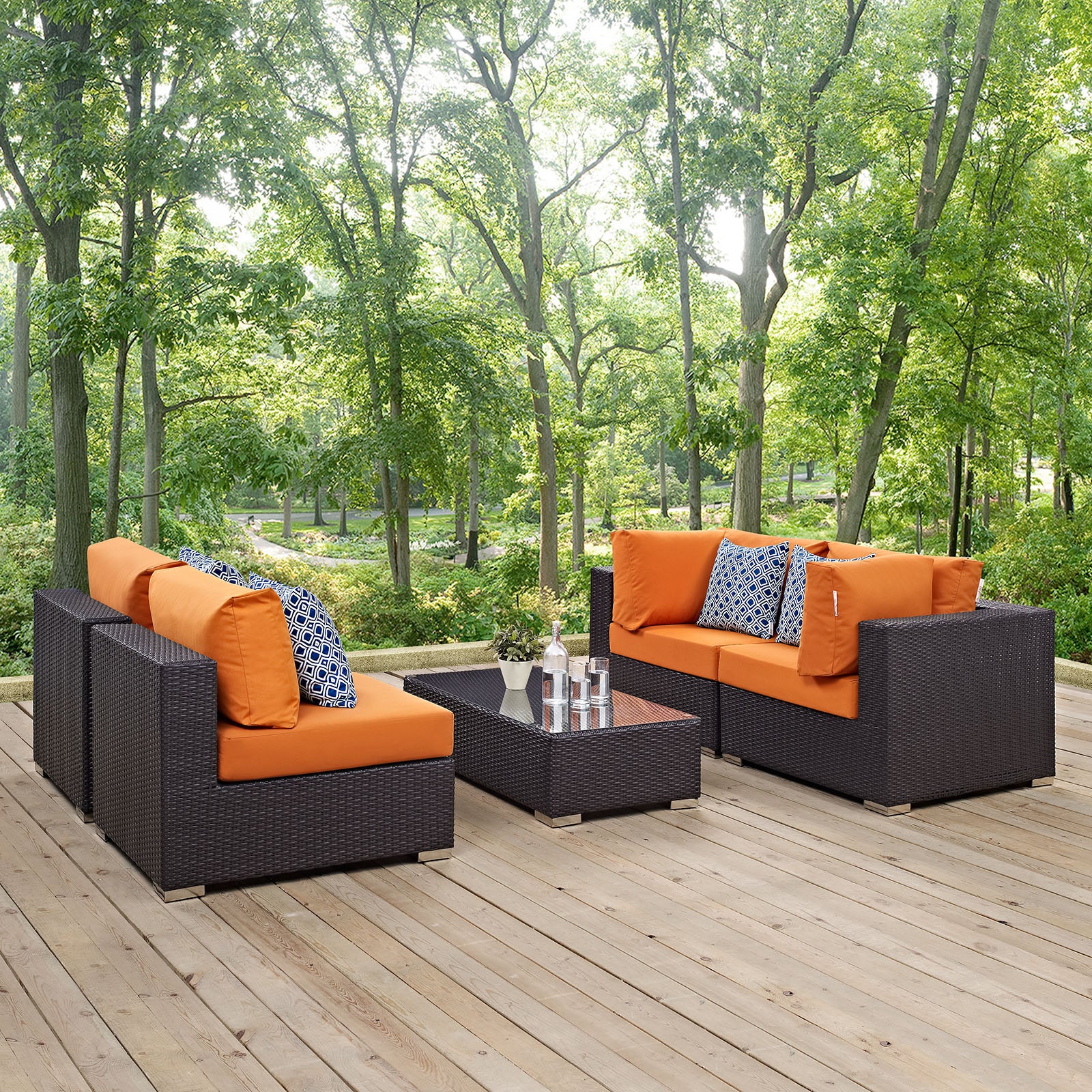 Modway Outdoor Conversation Sets - Convene 5 Piece Outdoor Patio Sectional Set Espresso & Orange