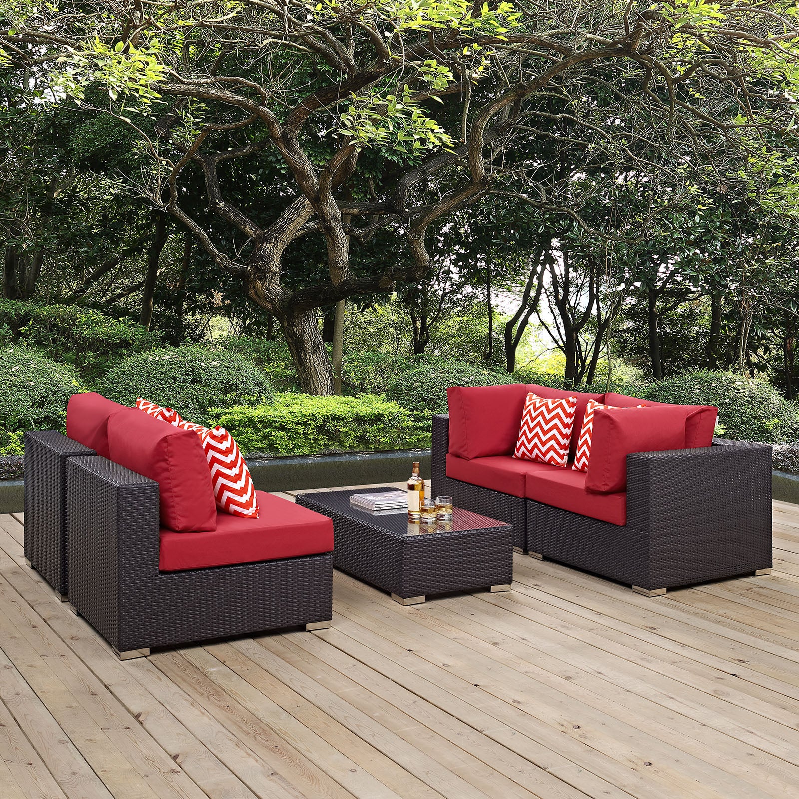 Modway Outdoor Conversation Sets - Convene 5 Piece Outdoor Sectional Set Espresso & Red