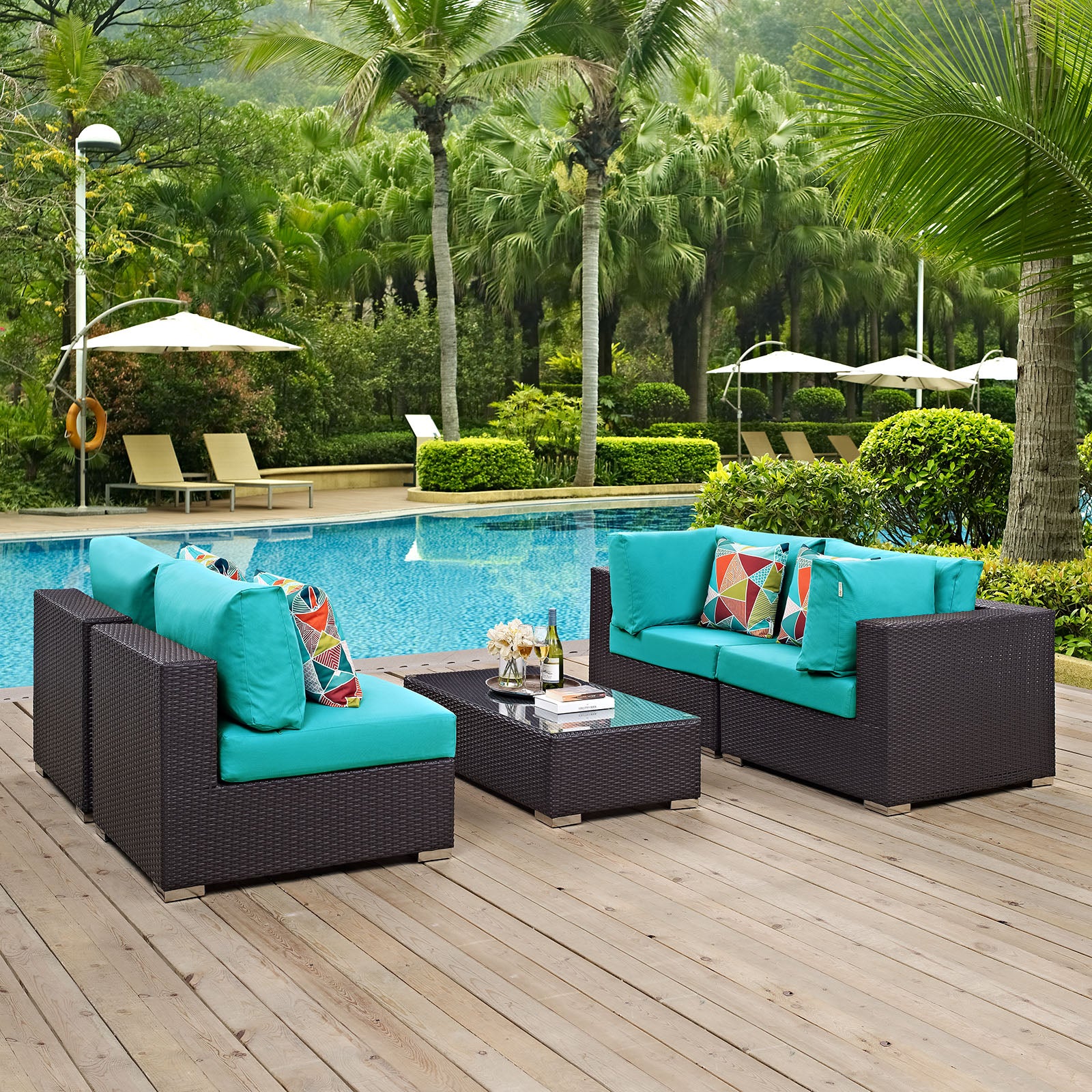 Modway Outdoor Conversation Sets - Convene 5-Piece Outdoor Patio Sectional Set Turquoise Expresso