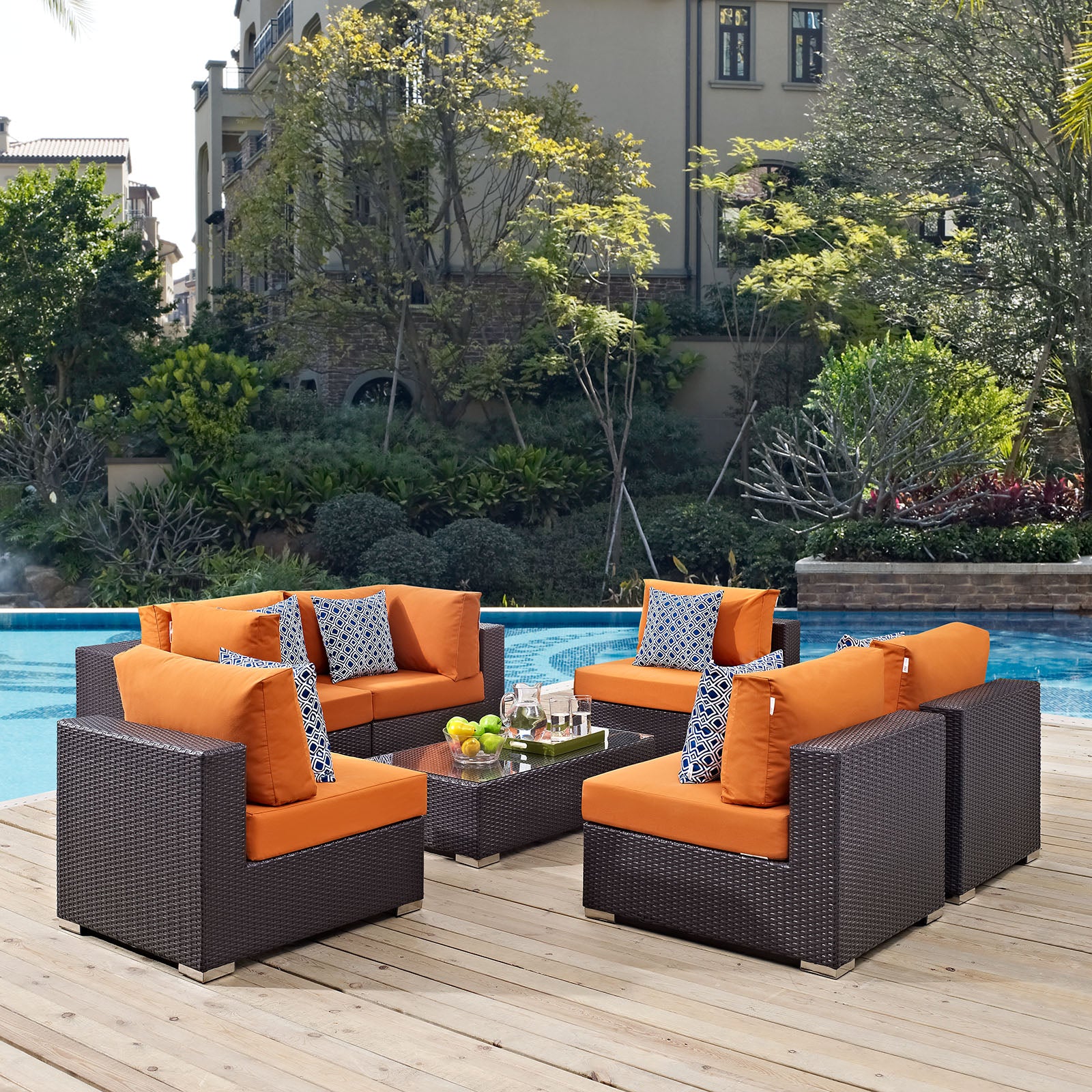 Modway Outdoor Conversation Sets - Convene 7 Piece Outdoor Patio Sectional Set Espresso Orange
