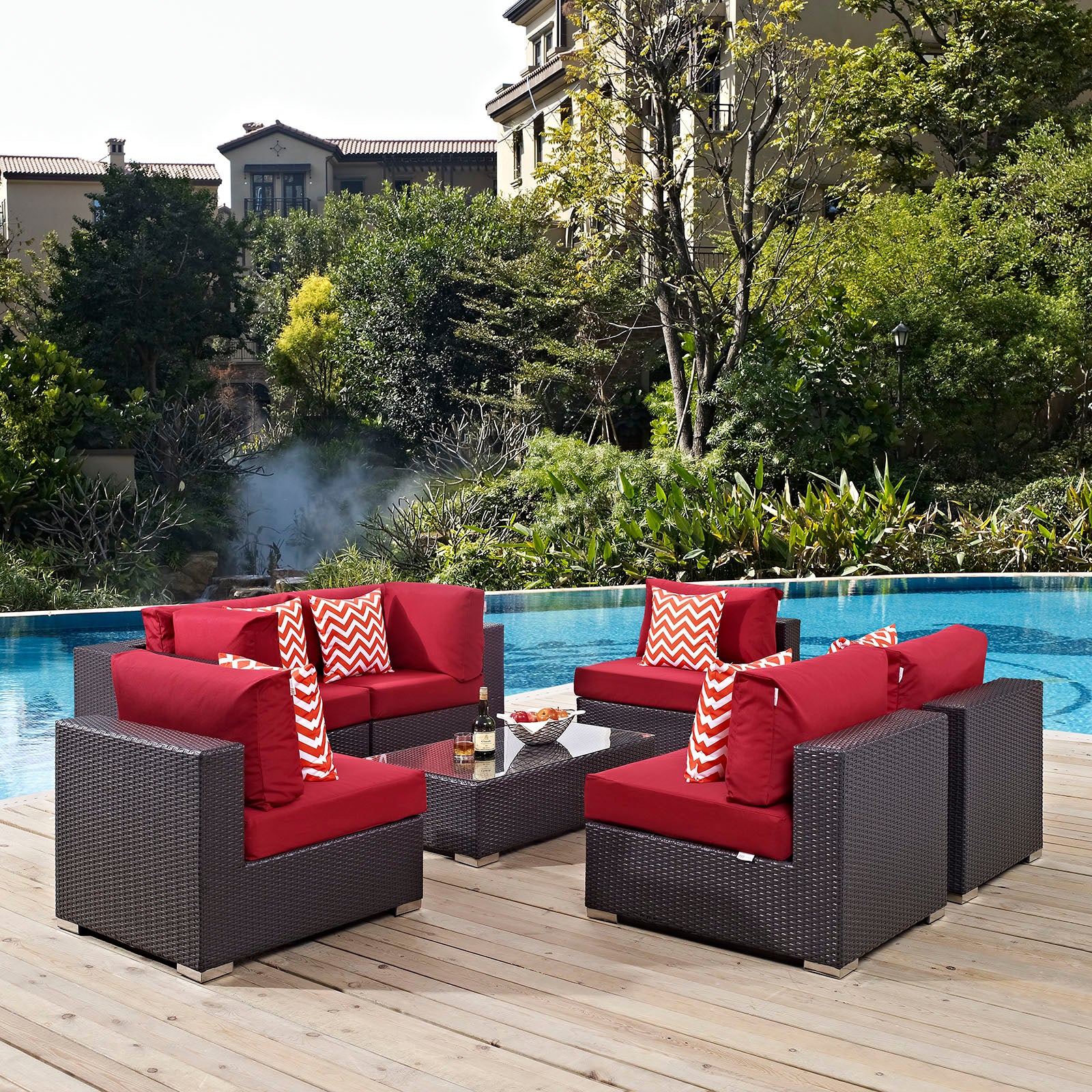 Modway Outdoor Conversation Sets - Convene 7 Piece Outdoor Patio Sectional Set Espresso Red