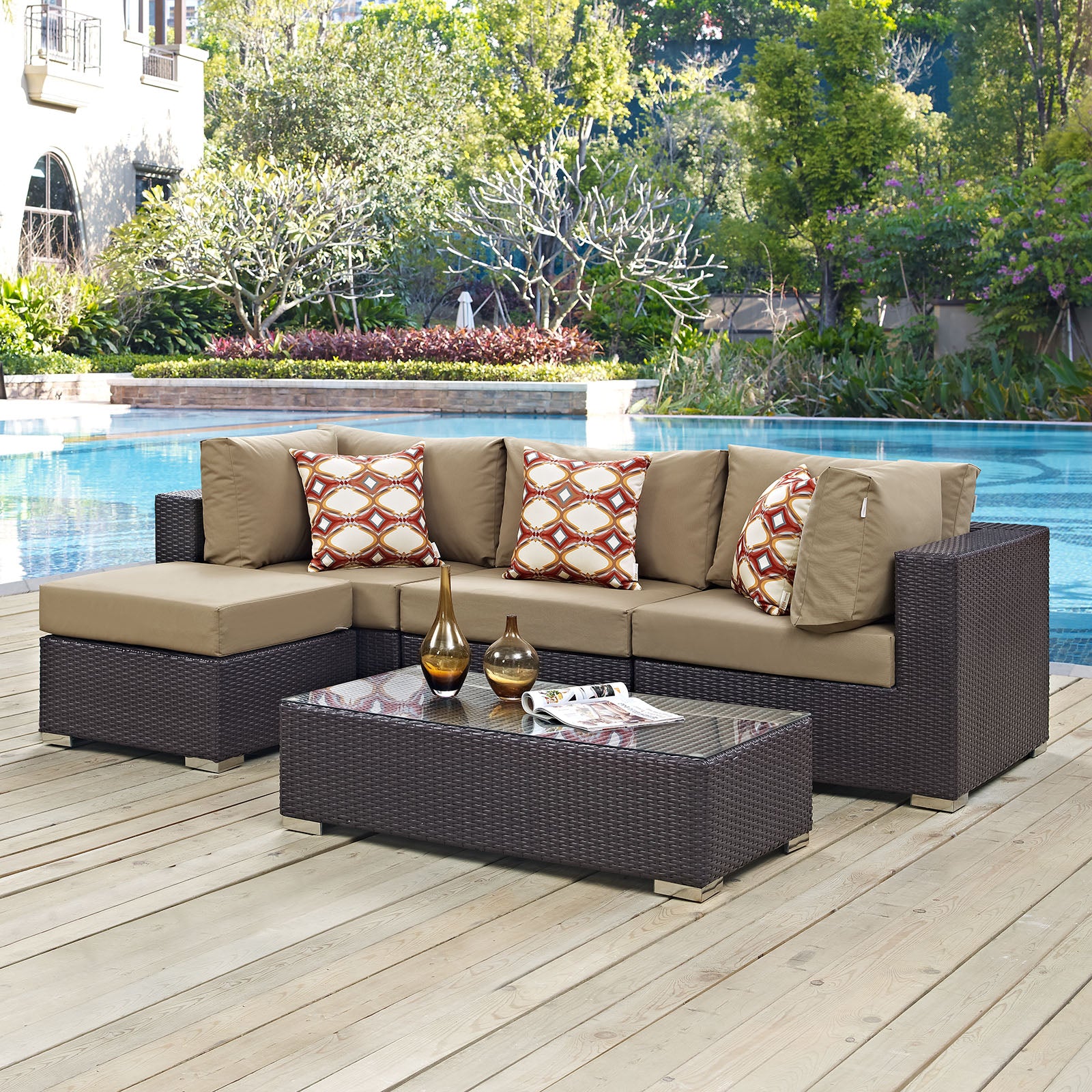Modway Outdoor Conversation Sets - Convene 5 Piece Outdoor Patio 89.5" Sectional Set Espresso Mocha