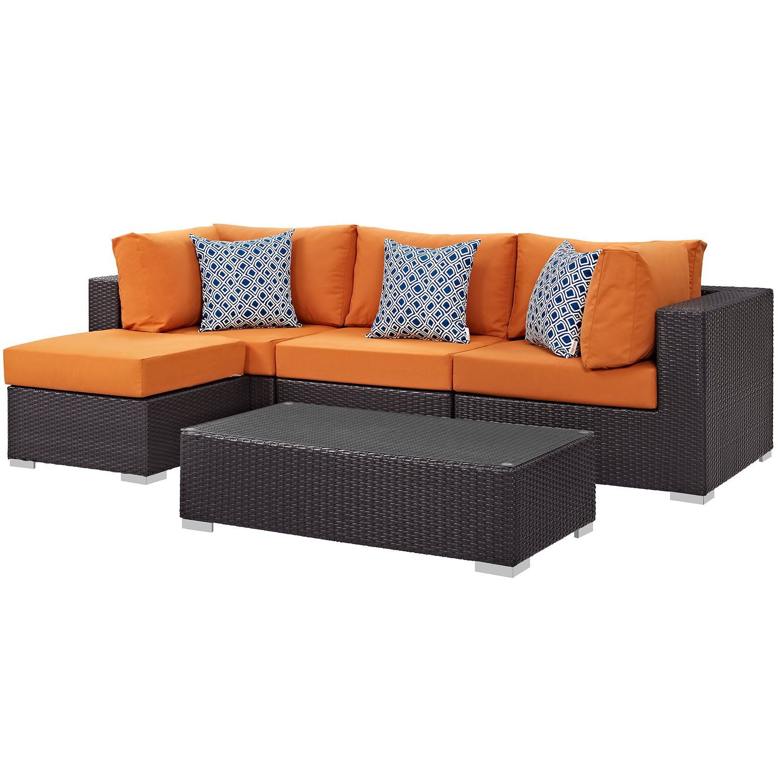 Modway Outdoor Conversation Sets - Convene 5 Piece Outdoor 89.5"W Sectional Set Espresso Orange