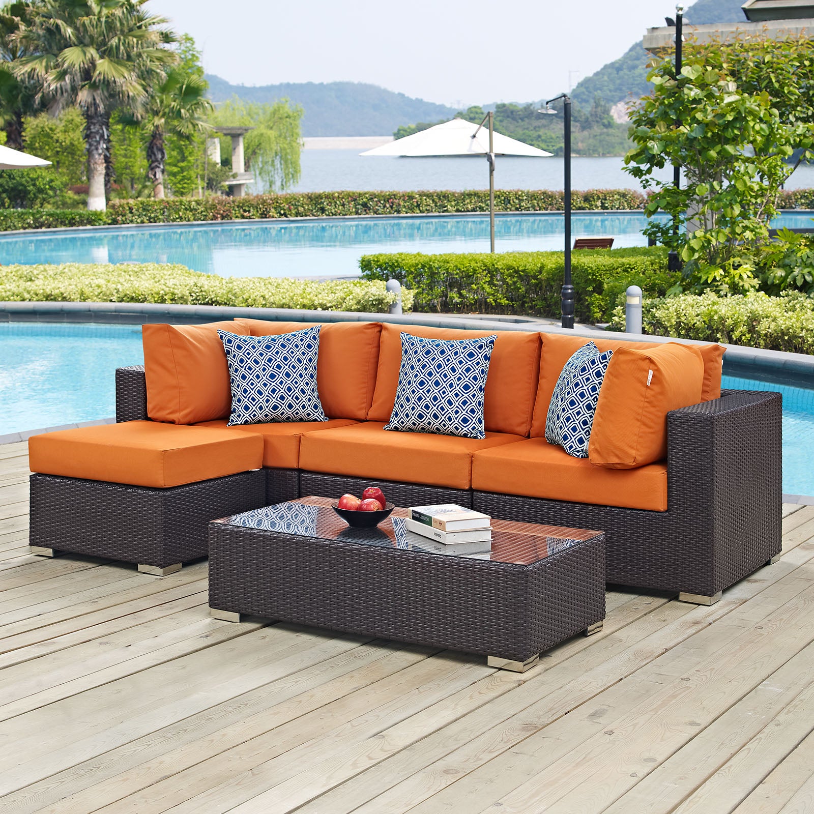 Modway Outdoor Conversation Sets - Convene 5 Piece Outdoor 89.5"W Sectional Set Espresso Orange