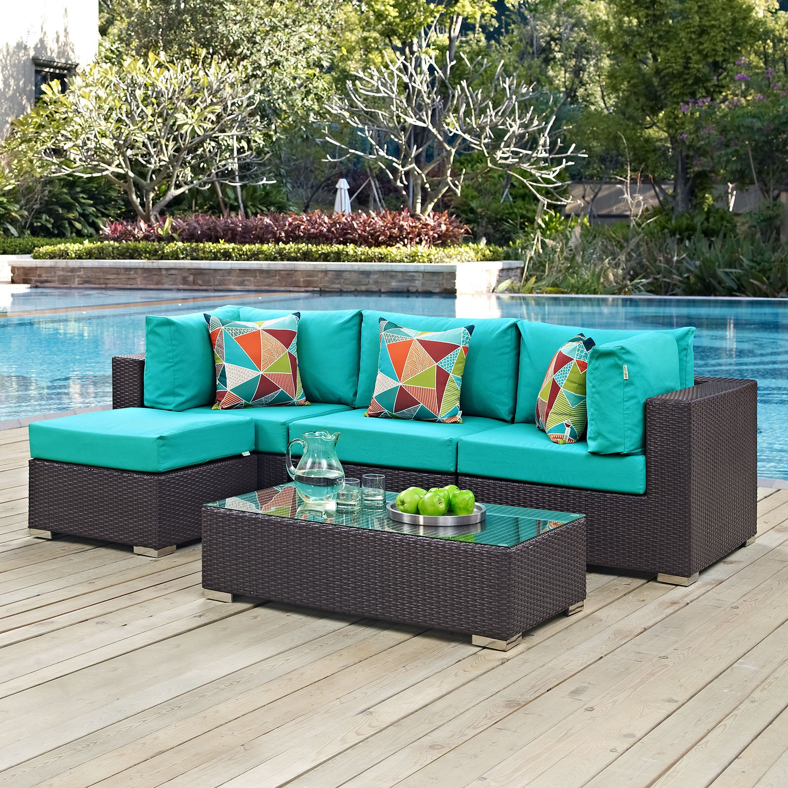 Modway Outdoor Conversation Sets - Convene 5 Piece Outdoor Patio Sectional Set Turquoise