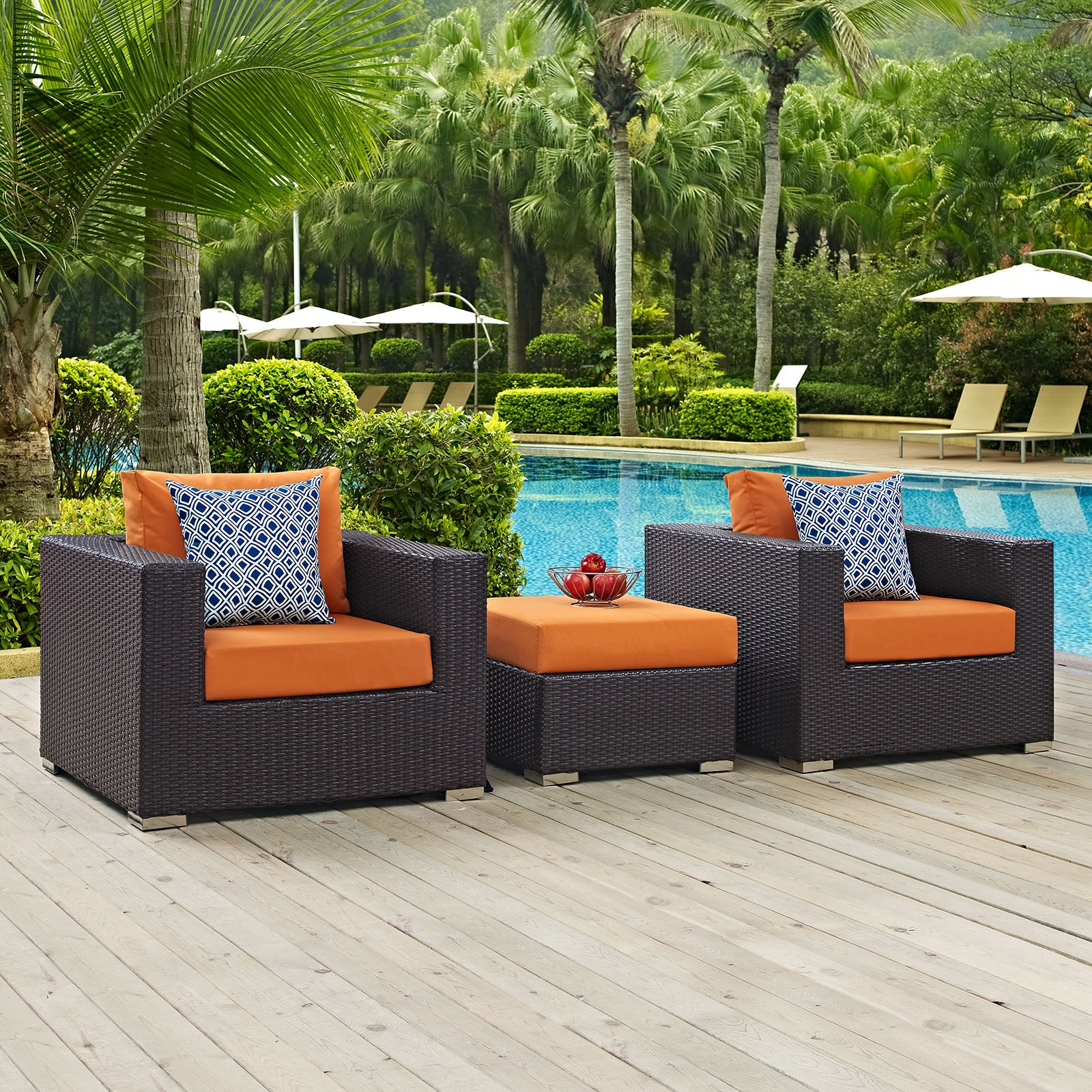 Modway Outdoor Conversation Sets - Convene 3 Piece Outdoor Patio Sofa Set Espresso & Orange