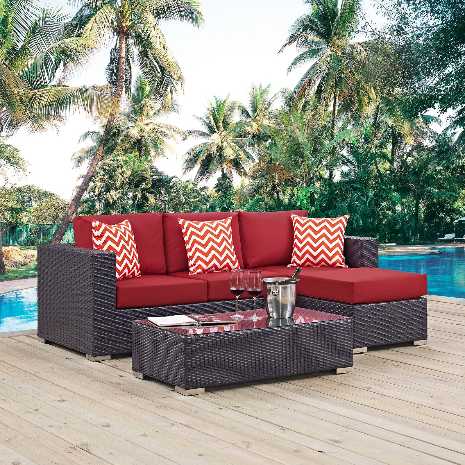 Modway Outdoor Conversation Sets - Convene 3 Piece Outdoor Patio Sofa Set Espresso & Red