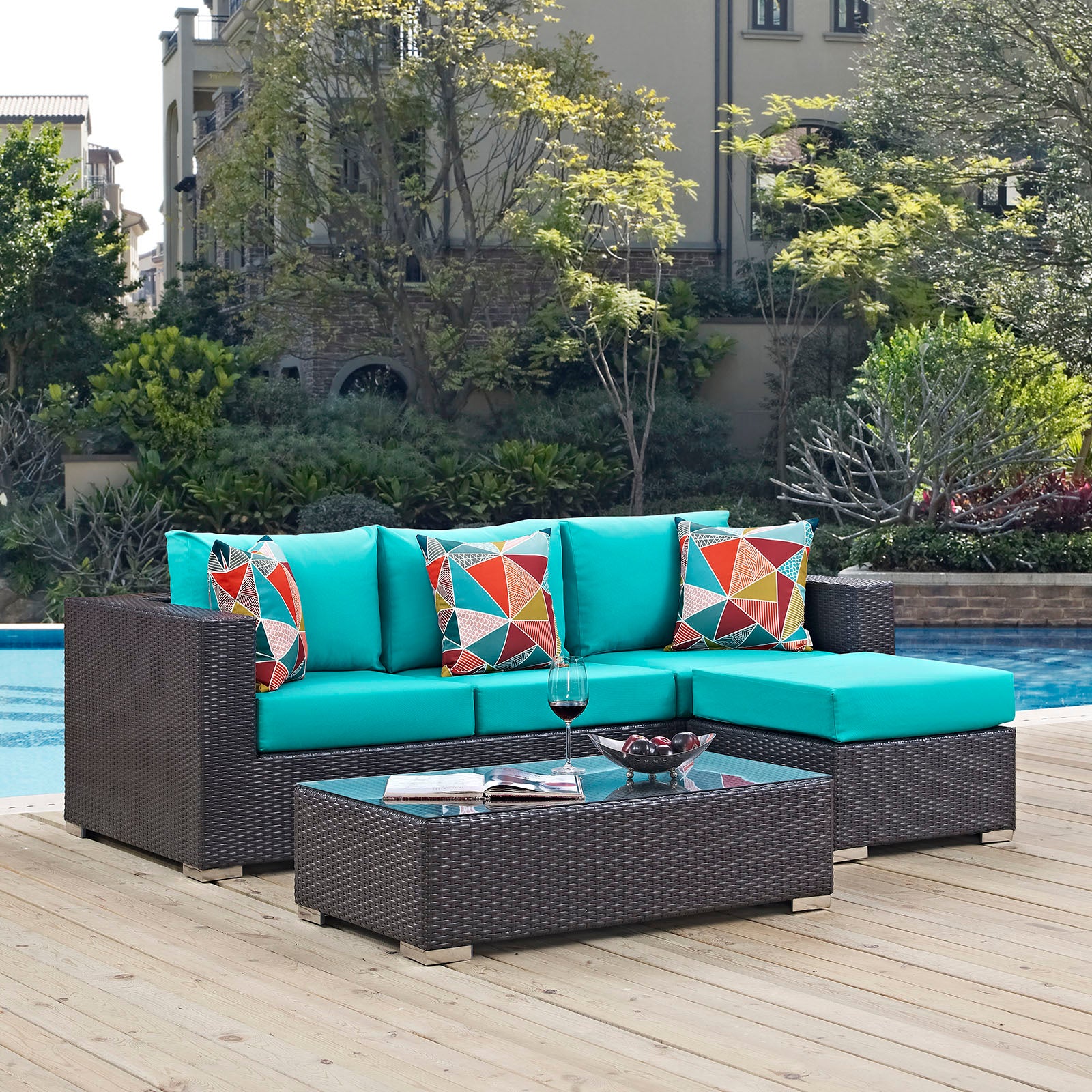 Modway Outdoor Conversation Sets - Convene 3 Piece Outdoor Patio Sofa Set Espresso Turquoise